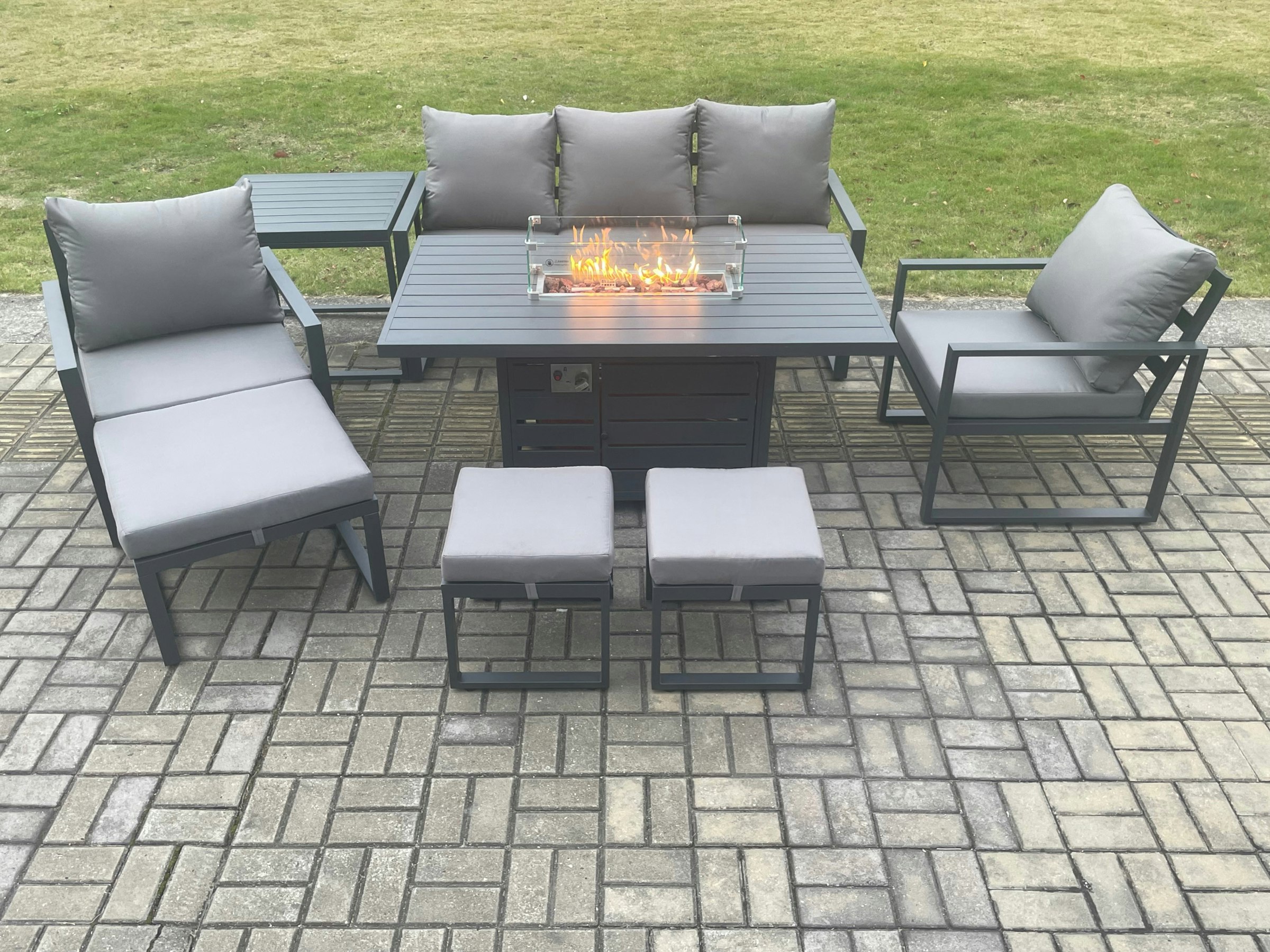 Rackhams Dark/Grey Aluminium Patio Outdoor Garden Furniture Lounge Sofa Set Gas Fire Pit Dining Table With Side Table 3 Footstools