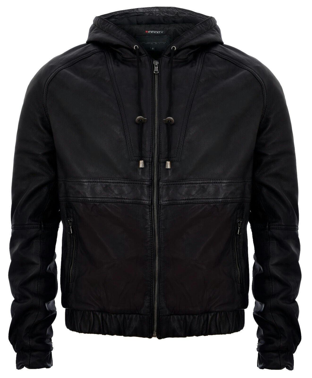 Infinity Leather Men's Black Vintage Zipped Leather Hooded Bomber Biker Jacket - Uk 4XL | Eu 58 | Us 48