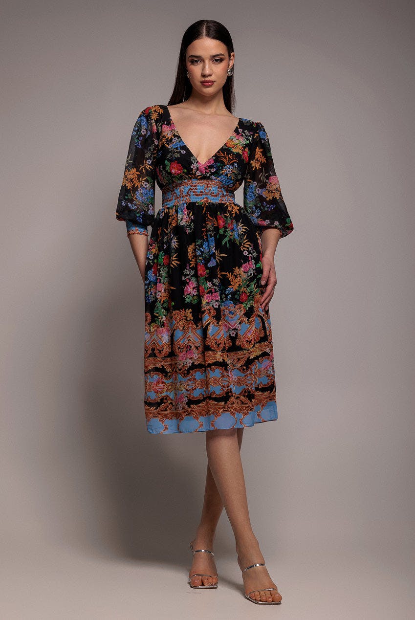 Goddiva Black Chiffon Wrap Border Floral Print Midi Dress - By - 12