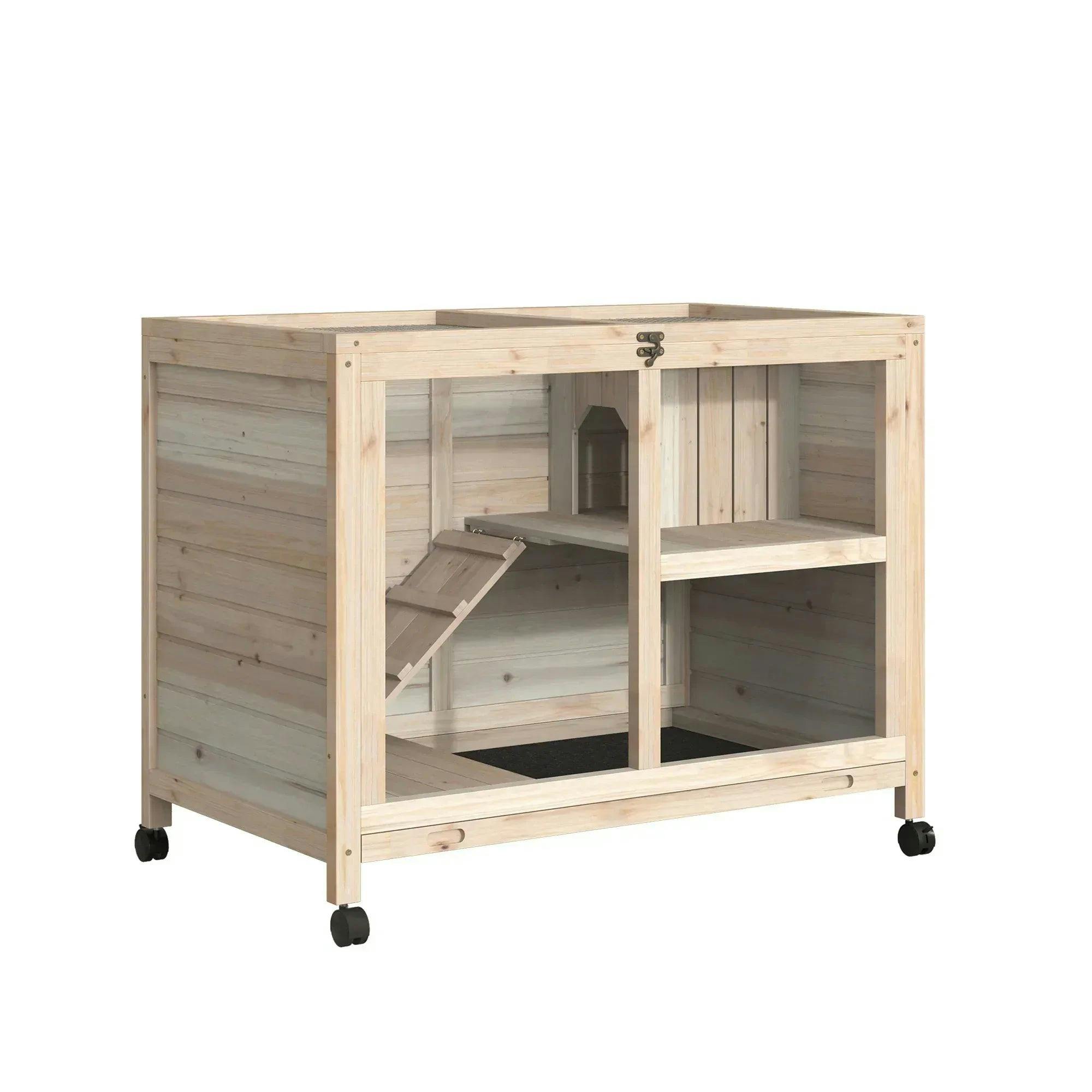 Pawhut Rabbit Hutch, Bunny Cage 2 Layers With Wheels & Open Roof, Natural - Image 5