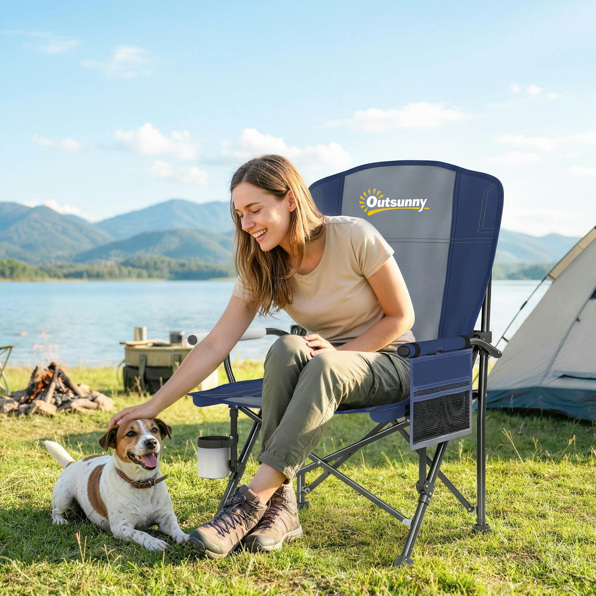 Outsunny Dark/Blue Camping Chair Padded With Side Pocket