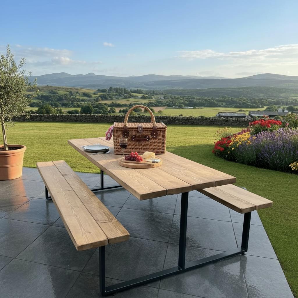 Rackhams Black Outdoor Slatted Picnic Table With Fixed Benches - 120