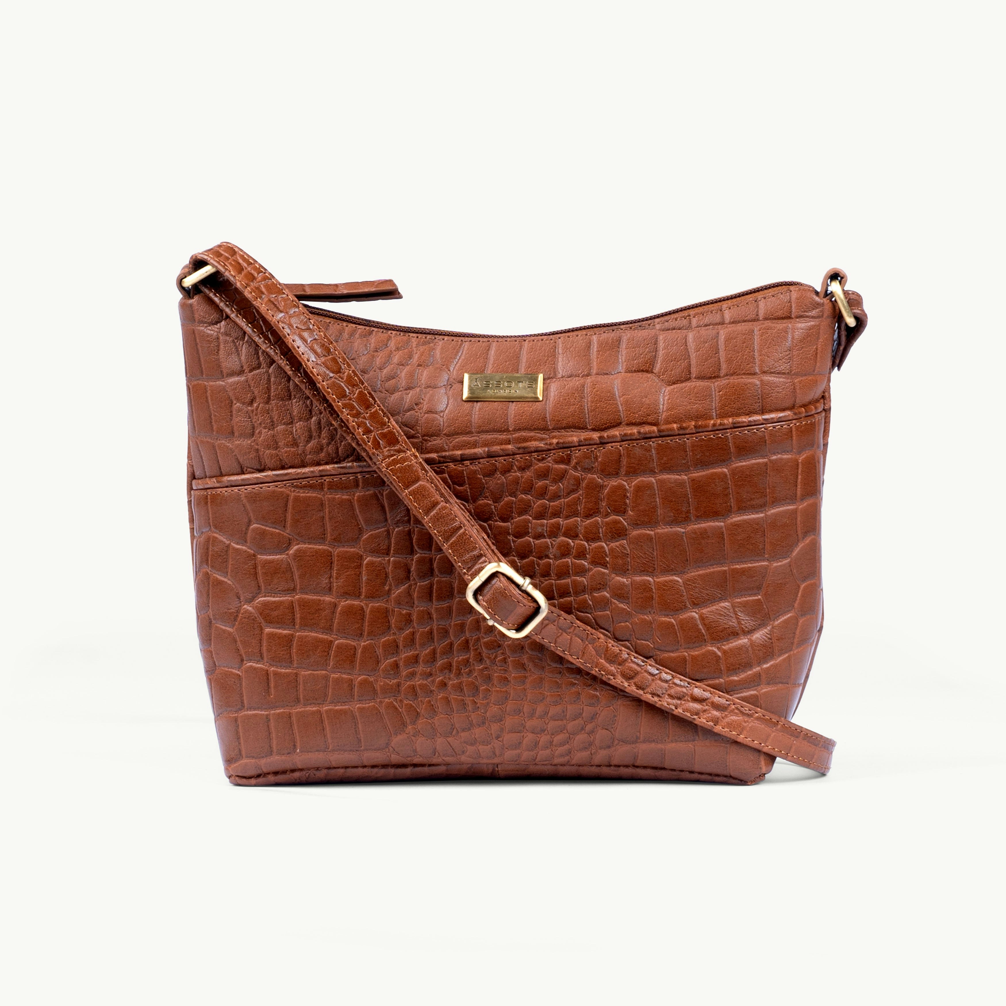 Assots London Gold 'Carol' Tan Croc Real Leather Designer Crossbody Shoulder Bag 29Cm