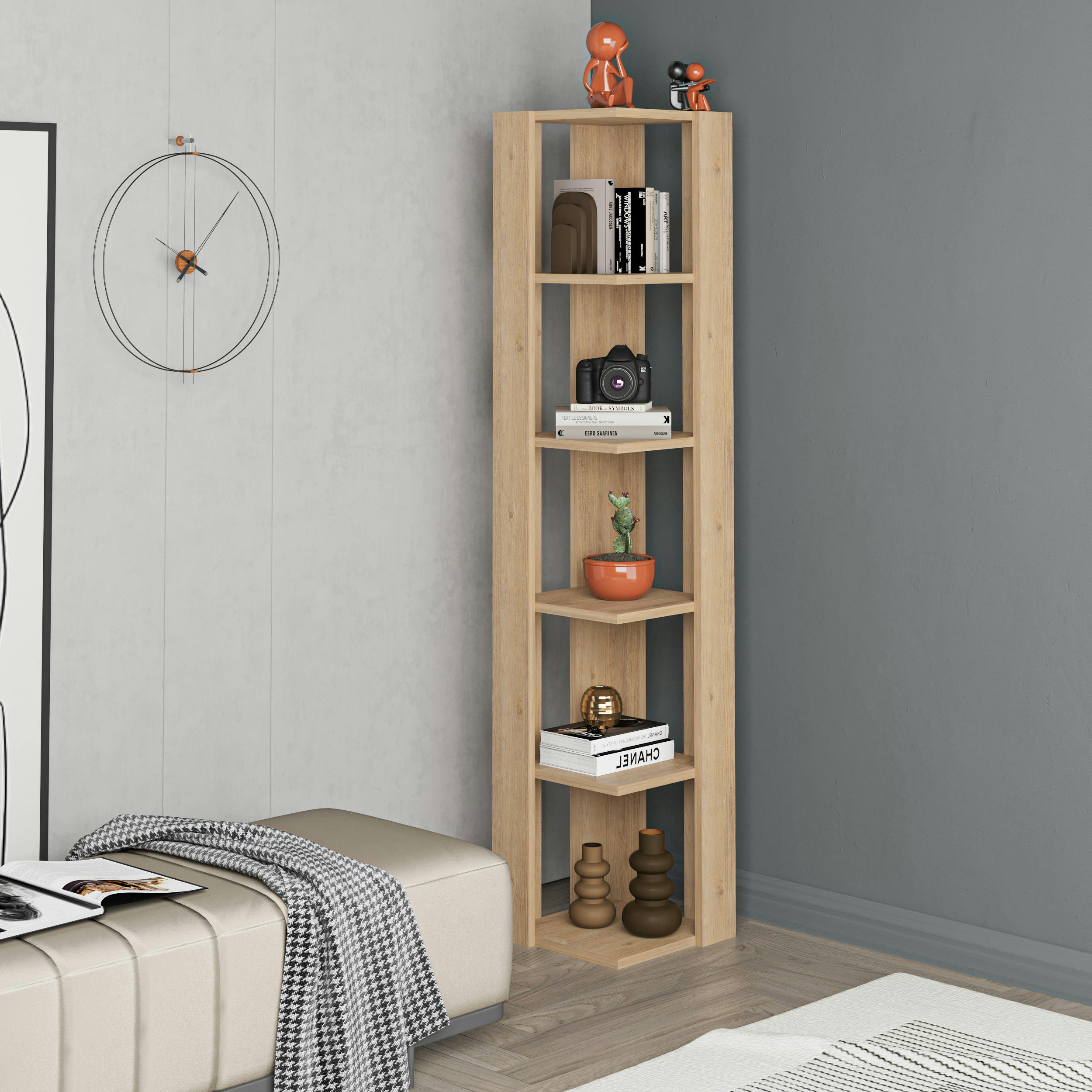 Rackhams Gold Nati Tall Corner Bookcase Modern Shelving Unit Space-Saving Storage 161Cm - Oak