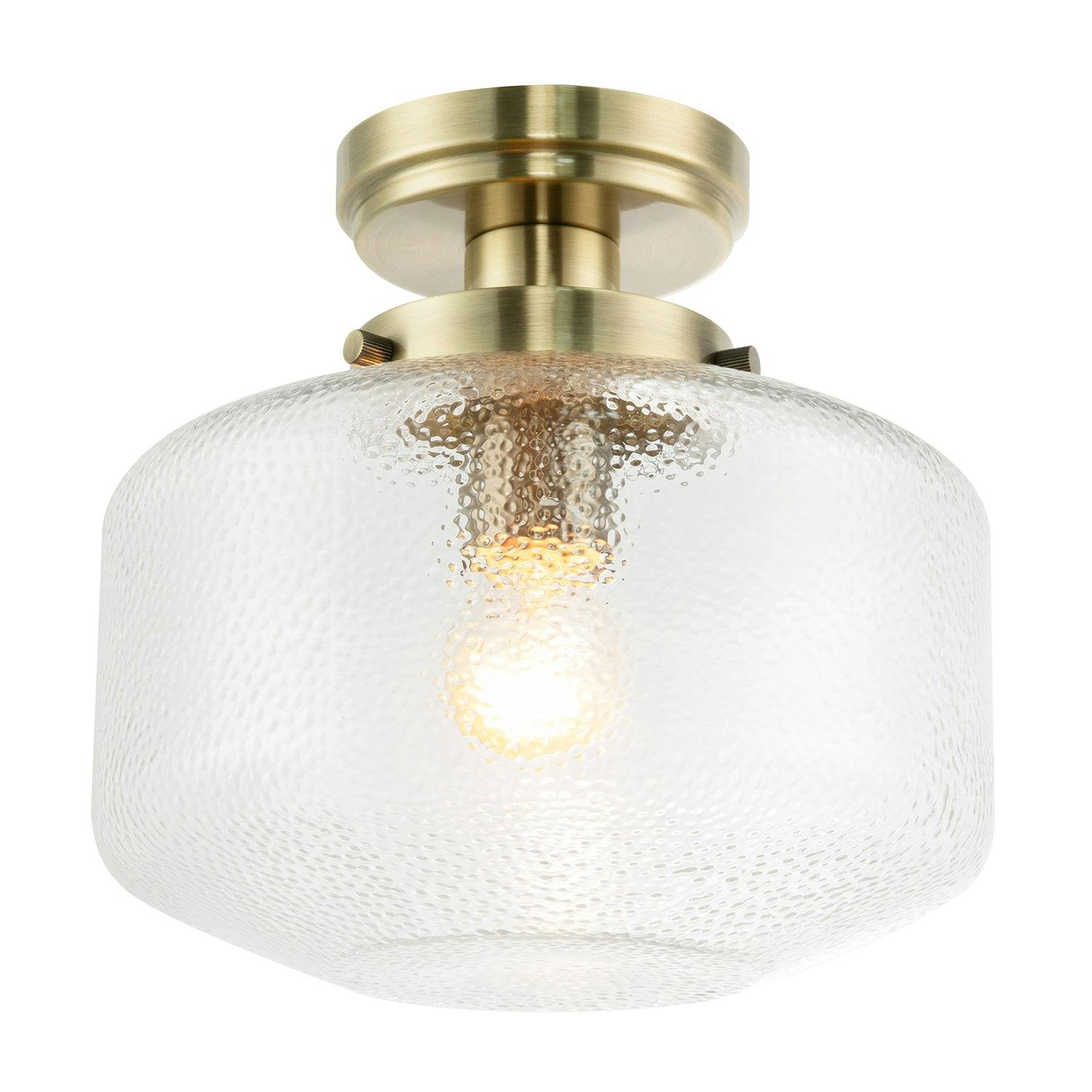 Rackhams Light Antique Brass Semi Flush Ceiling With Dimpled Clear Glass Shade