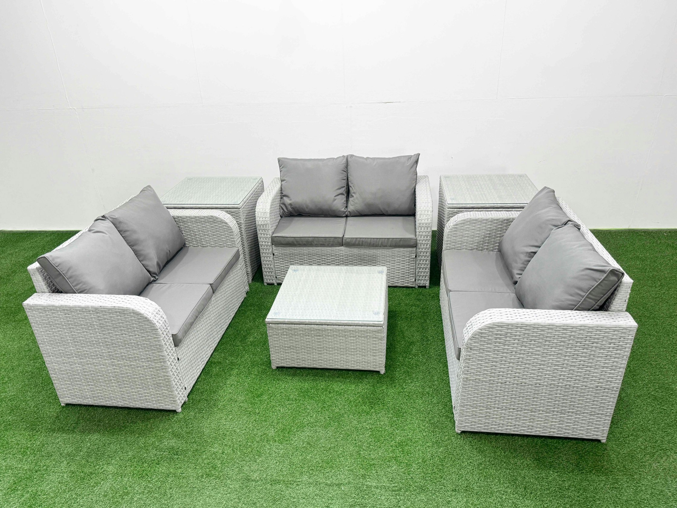 Fimous Light/Grey 6 Seater Pe Wicker Rattan Furniture Sofa Sets With Square Coffee Table 2 Seater Love Sofa 2 Side Table