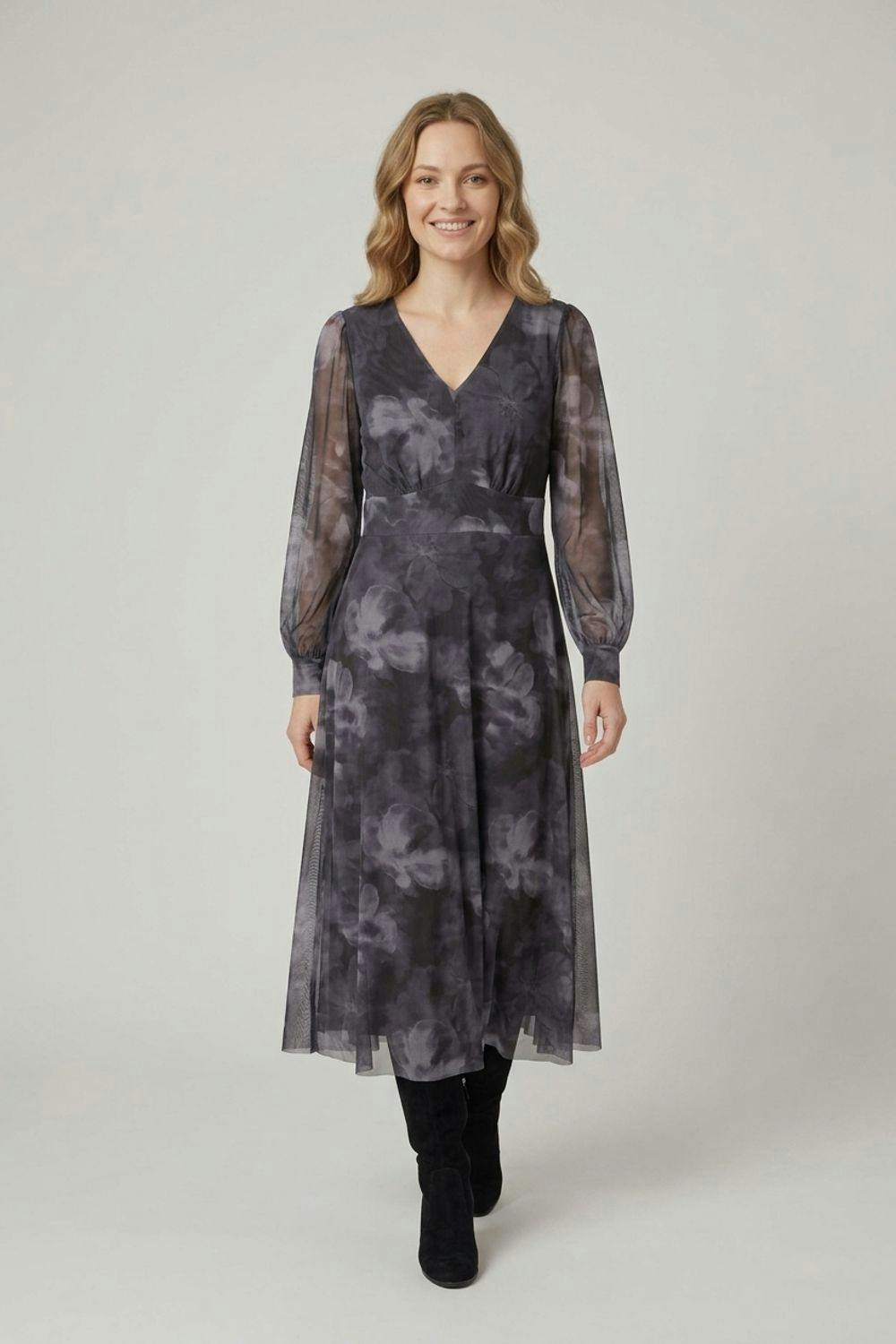 Izabel London Grey Floral Mesh Layer Long Sleeve Maxi Dress - 14