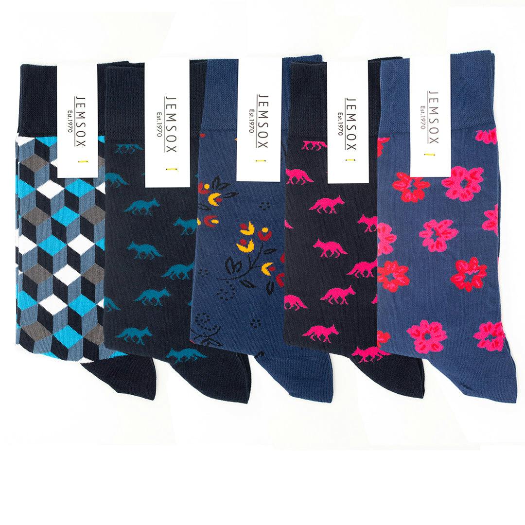 Jemsox Men's Black/Grey ’S 5-Pack Premium Socks Multipack - Crew Socks For Everyday, Dress & Athletic Use - Fox & Flowers
