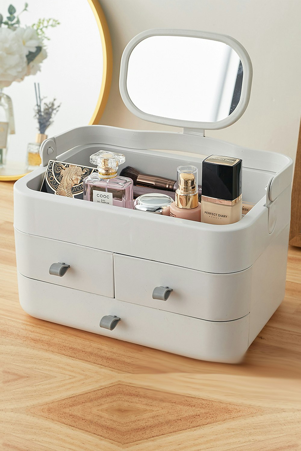 Living And Home White Large Makeup Organizer With Mirror And Drawers