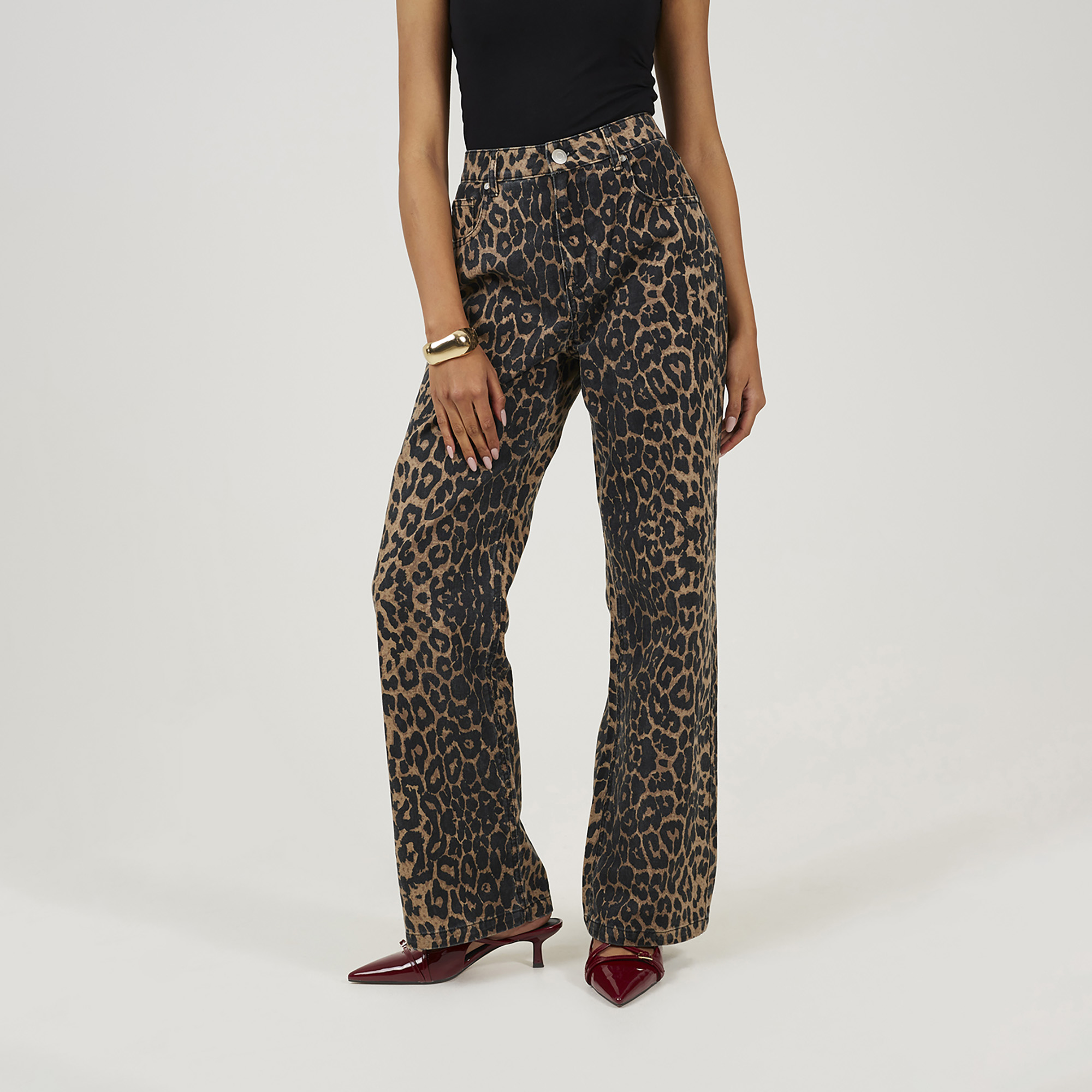 Brave Soul Brown Leopard Print Wide Leg Jeans - 14