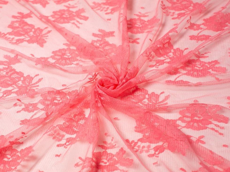 Minerva Blue Core Range Deadstock Chantilly Tulle Lace Fabric - Flowers Design Dressmaking Fabric, 130 Cm / 52" Wide - Per Metre - Watermelon