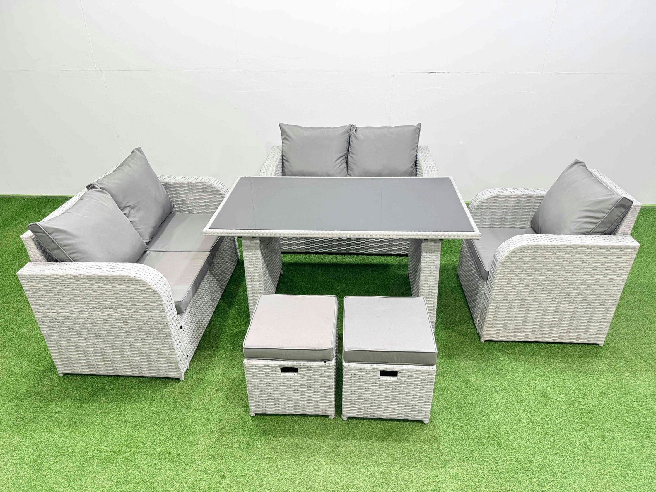 Fimous Light/Grey Rattan Sofa Outdoor Furniture With Dining Table,Love Sofa,2 Small Stools Patio Furniture 7 Seater