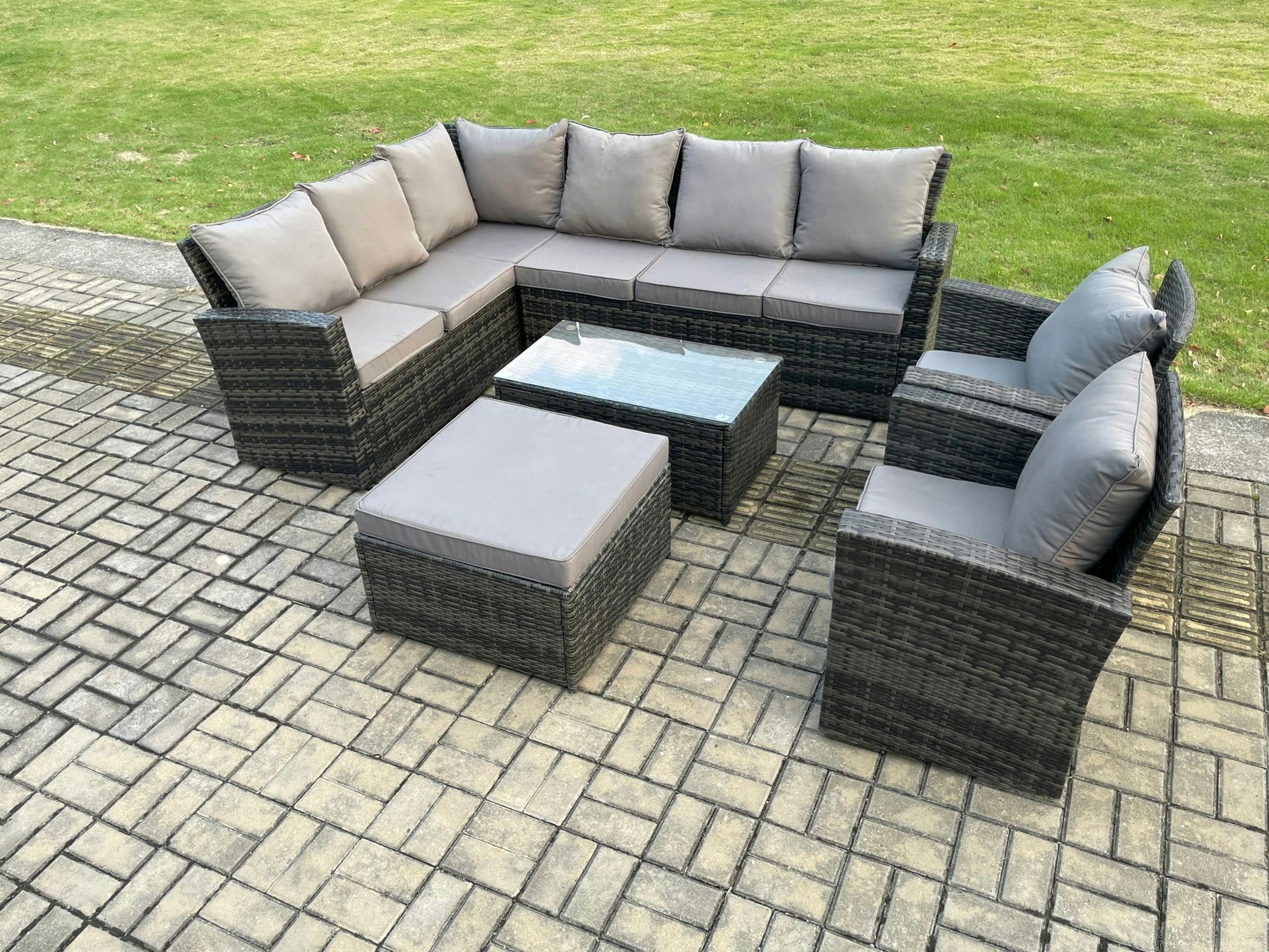 Fimous Dark/Grey 9 Seater High Back Outdoor Garden Furniture Set Rattan Corner Sofa Sets With Rectangular Coffee Table Big Footstool 2 Armchairs Mixed
