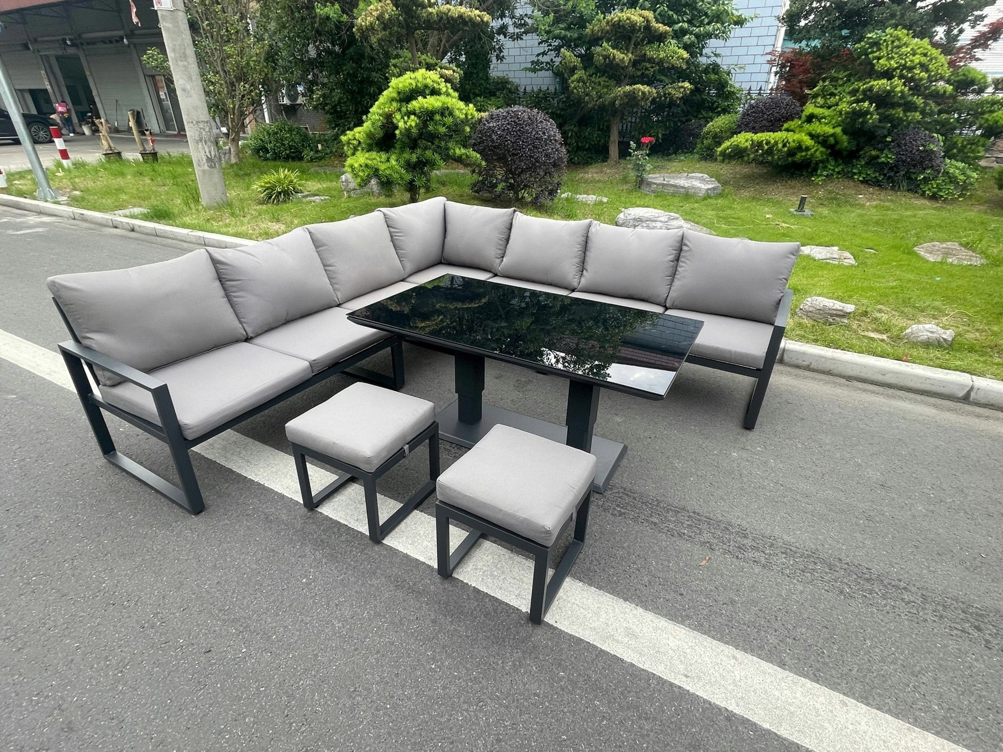 Rackhams Black/Dark/Grey Aluminium Outdoor Garden Furniture Corner Sofa Adjustable Rising Lifting Dining Table Sets Tempered 9 Seater