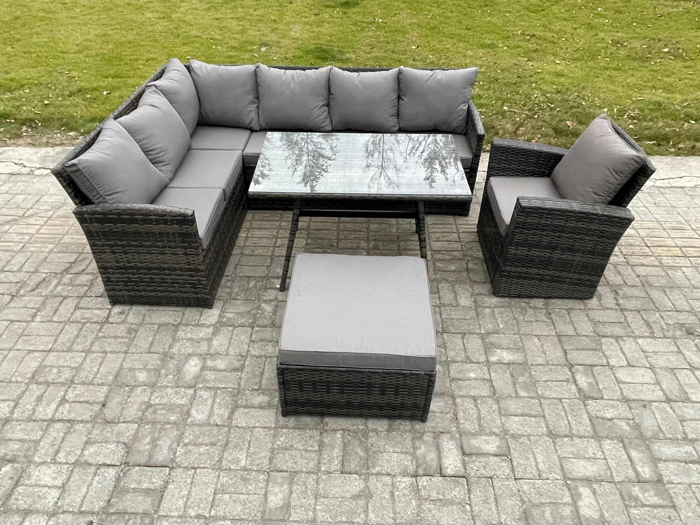Fimous Dark/Grey Rattan Garden Furniture Corner Sofa Set With Oblong Dining Table Big Footstool Armchair Outdoor Wicker Rattan Set Mixed
