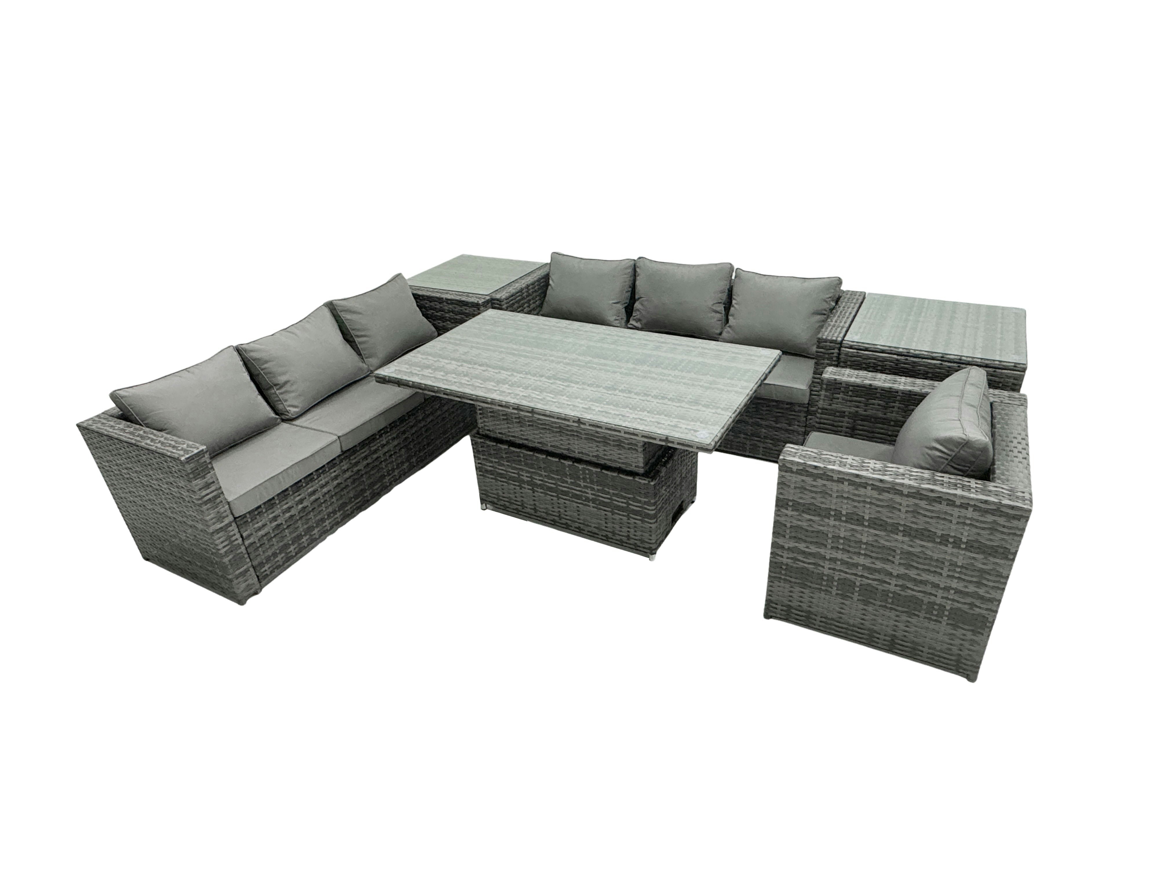 Rackhams Dark/Grey Rattan Dining Table Sofa Set With 2 Side Table Armchair Outdoor 7 Seat Garden Furniture Set Mixed