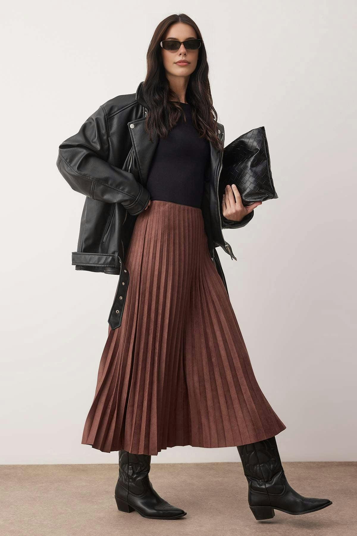 Wovcor Brown Suede A-Line Pleated Maxi Stretch Knit Skirt - S
