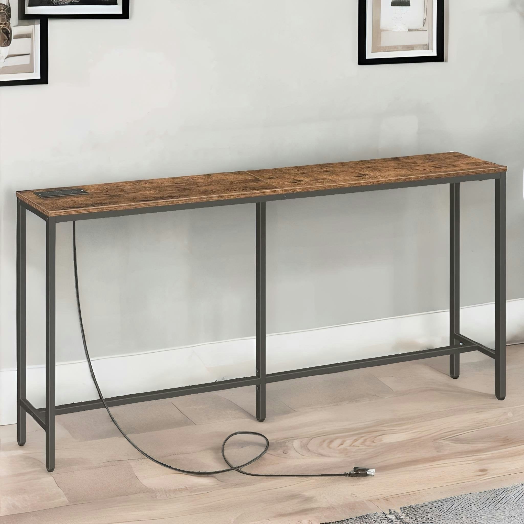 Rafaelo Mobilia Brown Industrial Wide Console Table With Charging Station Rustic