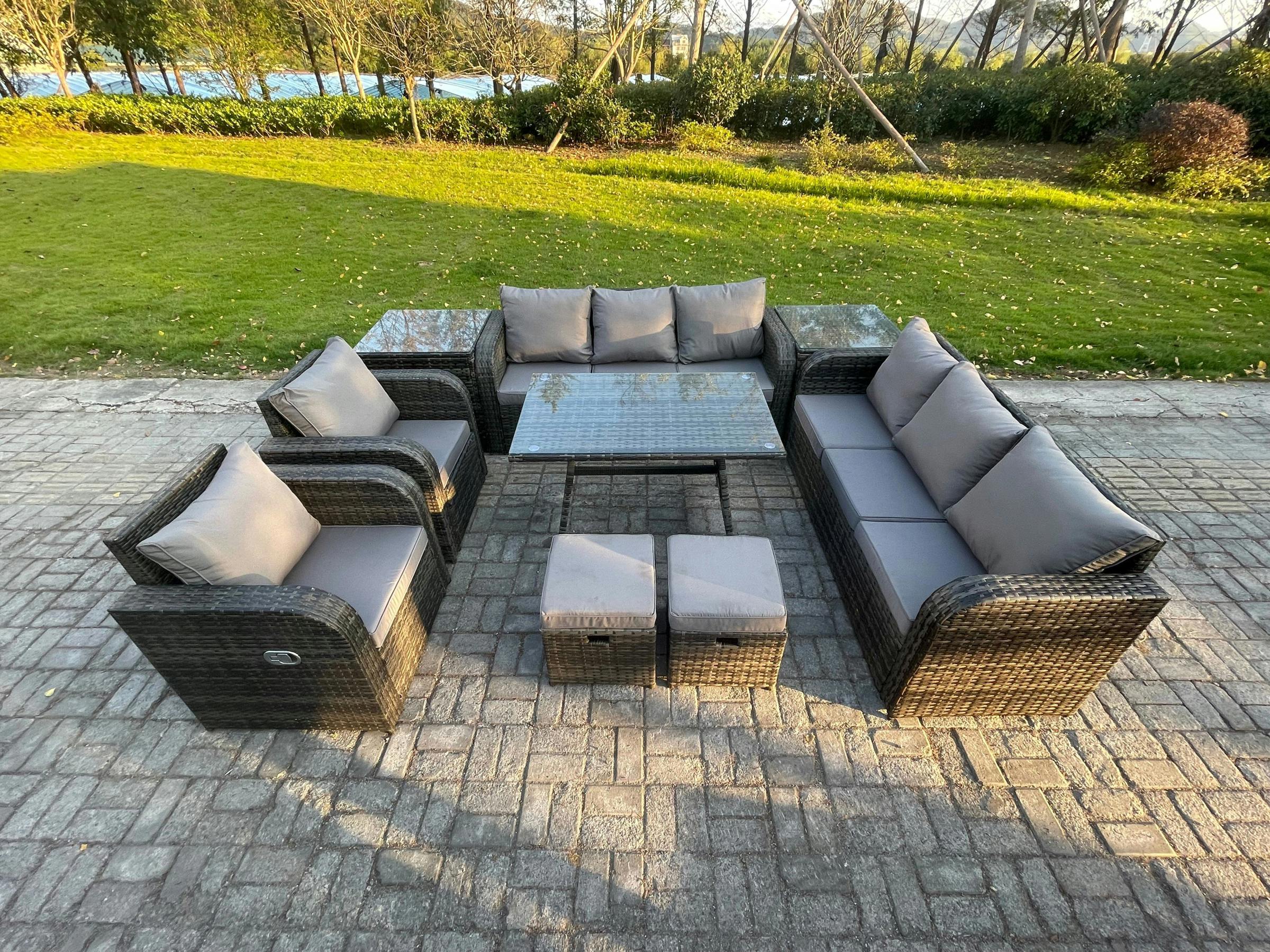 Fimous Dark/Grey 10 Seater Rattan Garden Set With 2 Sofas, Dining Table, 2 Reclining Chairs, 2 Footstools And 2 Side Tables - Mixed