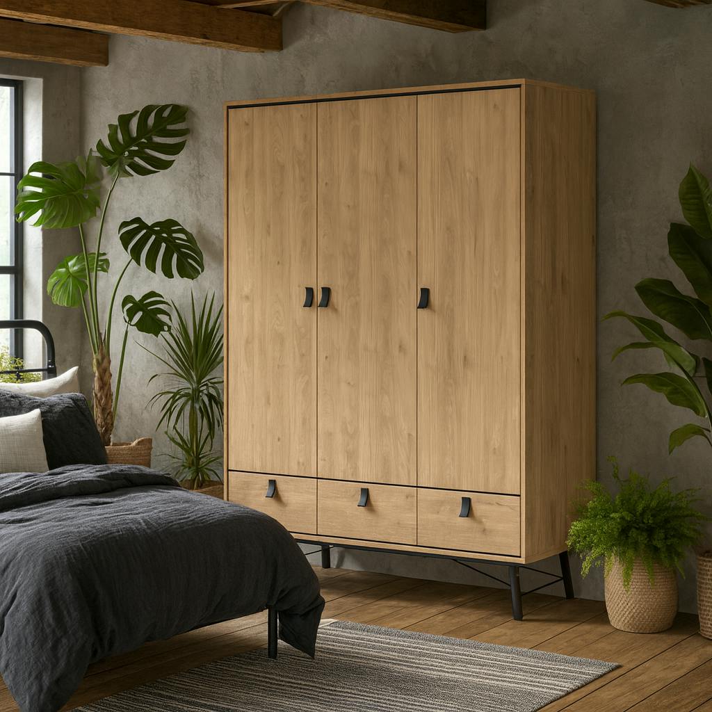 Wyld Haus Black Juno Wardrobe 3 Doors 3 Drawers Natural Oak