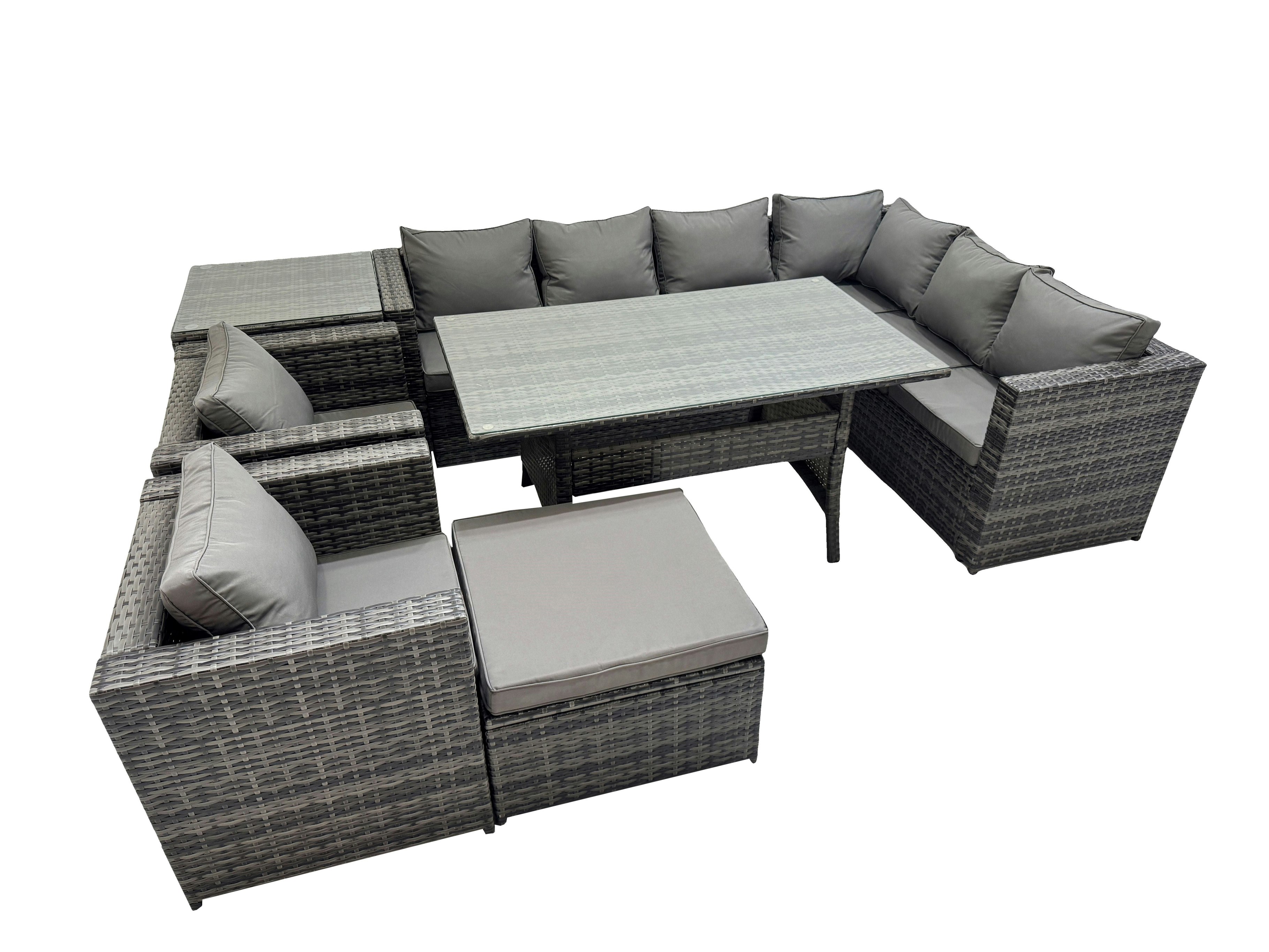 Fimous Dark/Grey Rattan Garden Furniture Set Outdoor 9 Seater Patio Dining Corner Sofa Sets With Dining Table 2 Chairs Big Stool Side Table Mixed