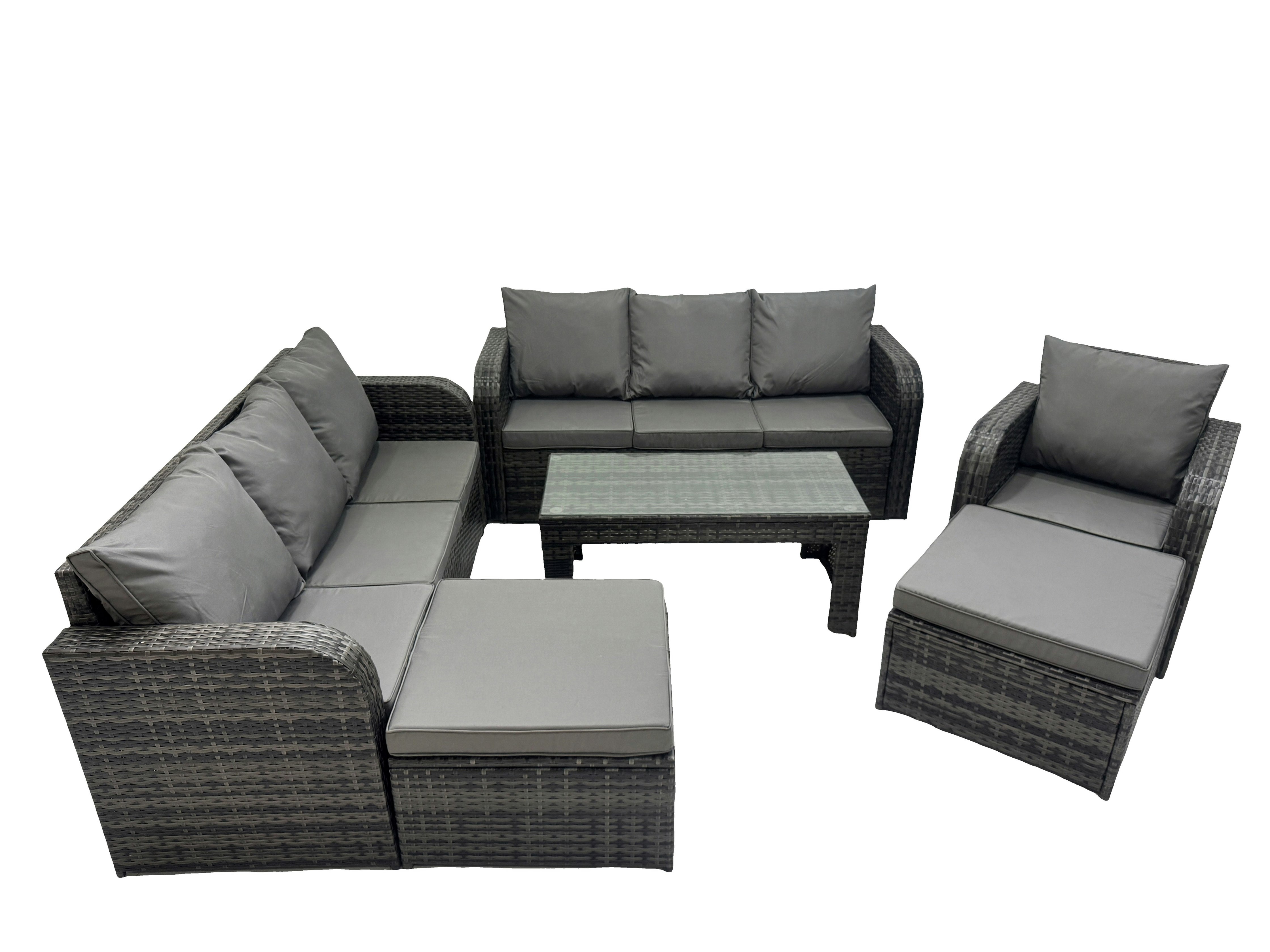 Fimous Dark/Grey Rattan Garden Outdoor Furniture Set 3 Seater Sofa Reclining Chair Coffee Table With 2 Big Footstools Mixed
