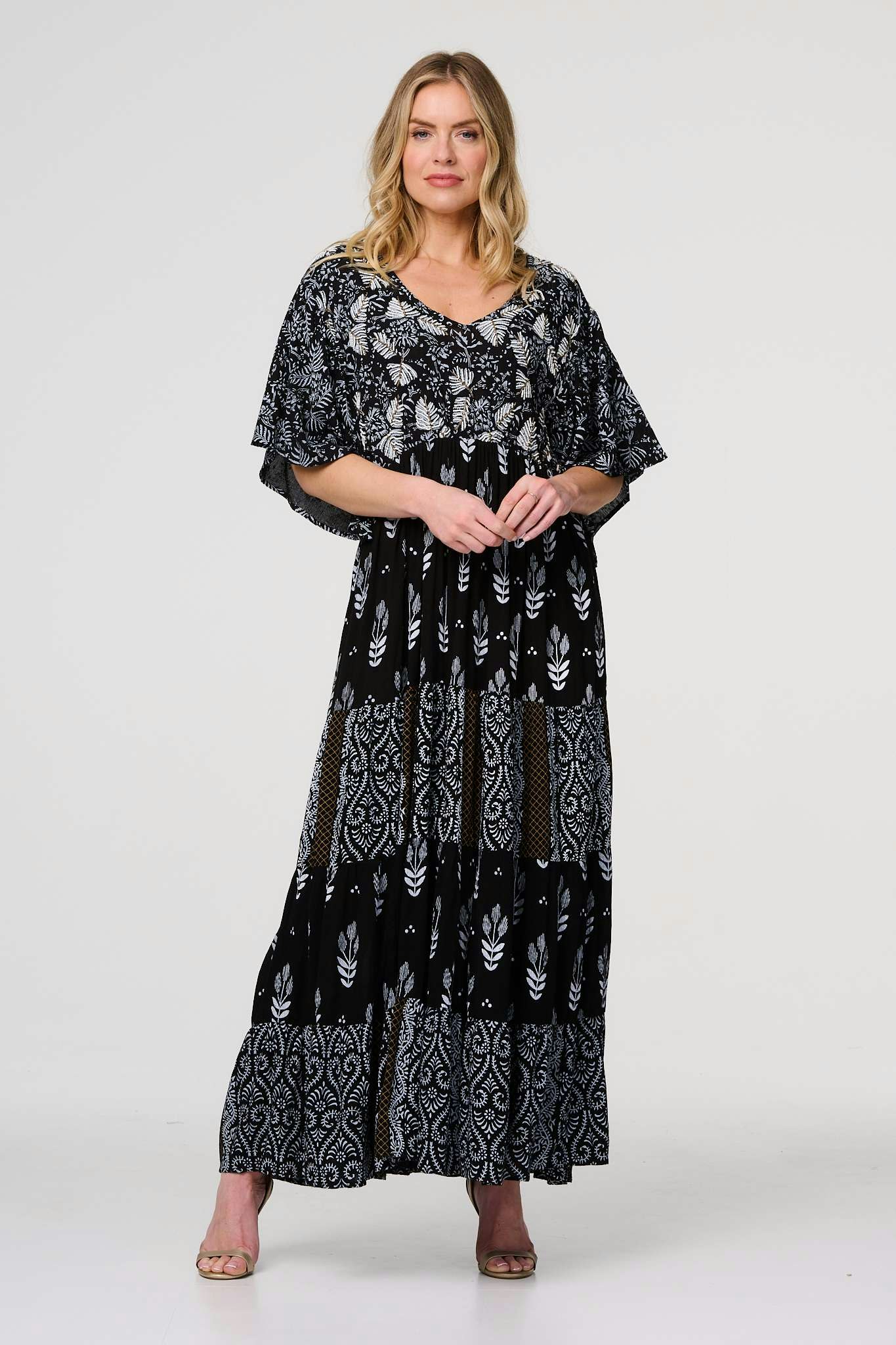 Izabel London Black Leaf Print 3/4 Kimono Sleeve Maxi Dress - 10