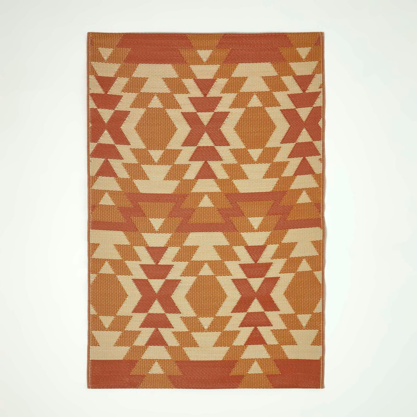 Rackhams Orange/Red/White Outdoor Rug Luxury Waterproof Reversible Recycled, For Garden, Anya Aztec - 120 X 180 Cm