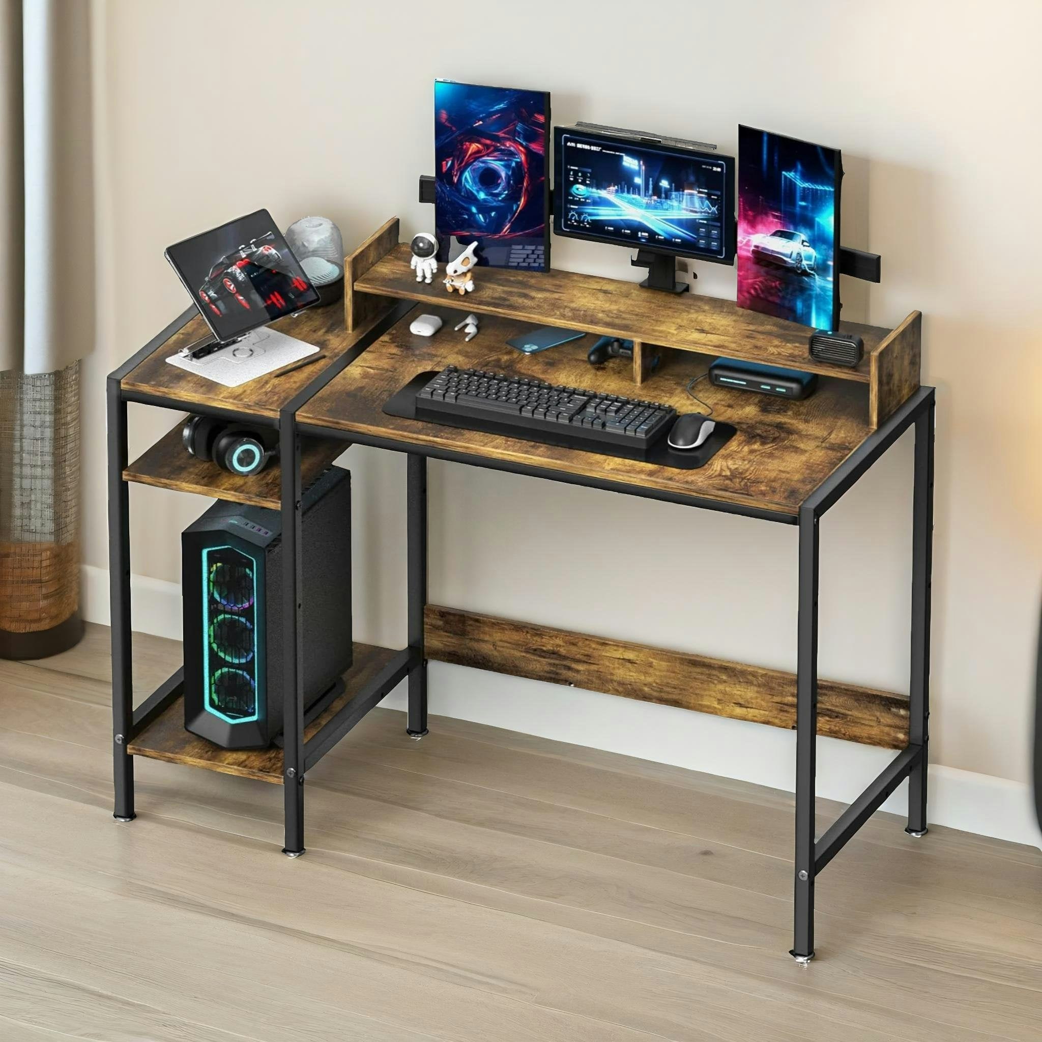 Rackhams Brown Industrial Computer Desk With Monitor Stand And Shelves