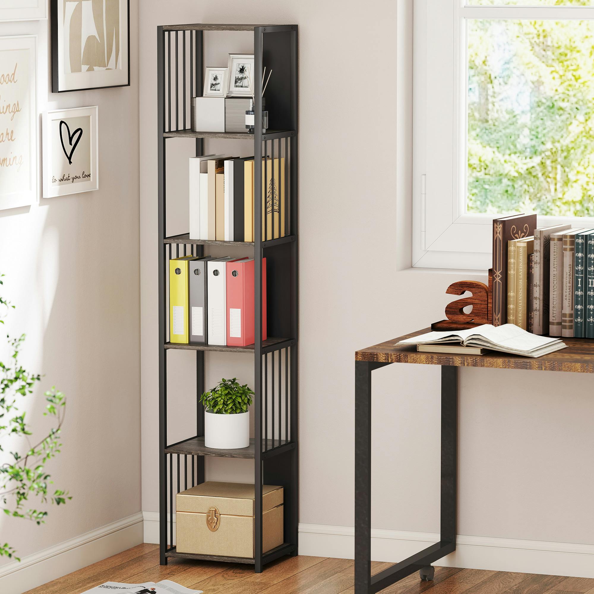 Rackhams Grey 5-Tier Bookshelf, Freestanding Display Storage Unit, - 33.5W X 30D X 165H Cm - 1