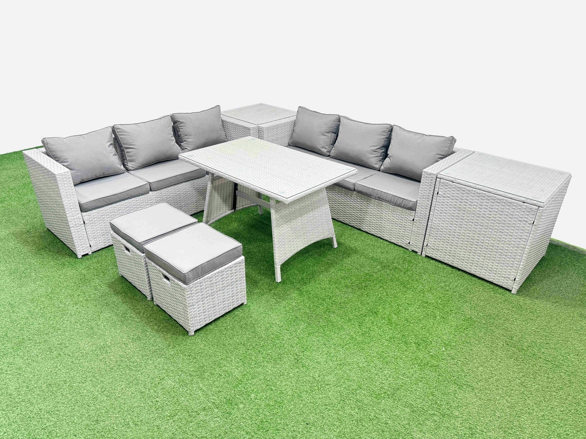 Fimous Light/Grey Rattan Garden Furniture Dining Set 8 Seater Patio Rectangular Table 3 Seater Sofa Set With 2 Side Tables 2 Small Stools
