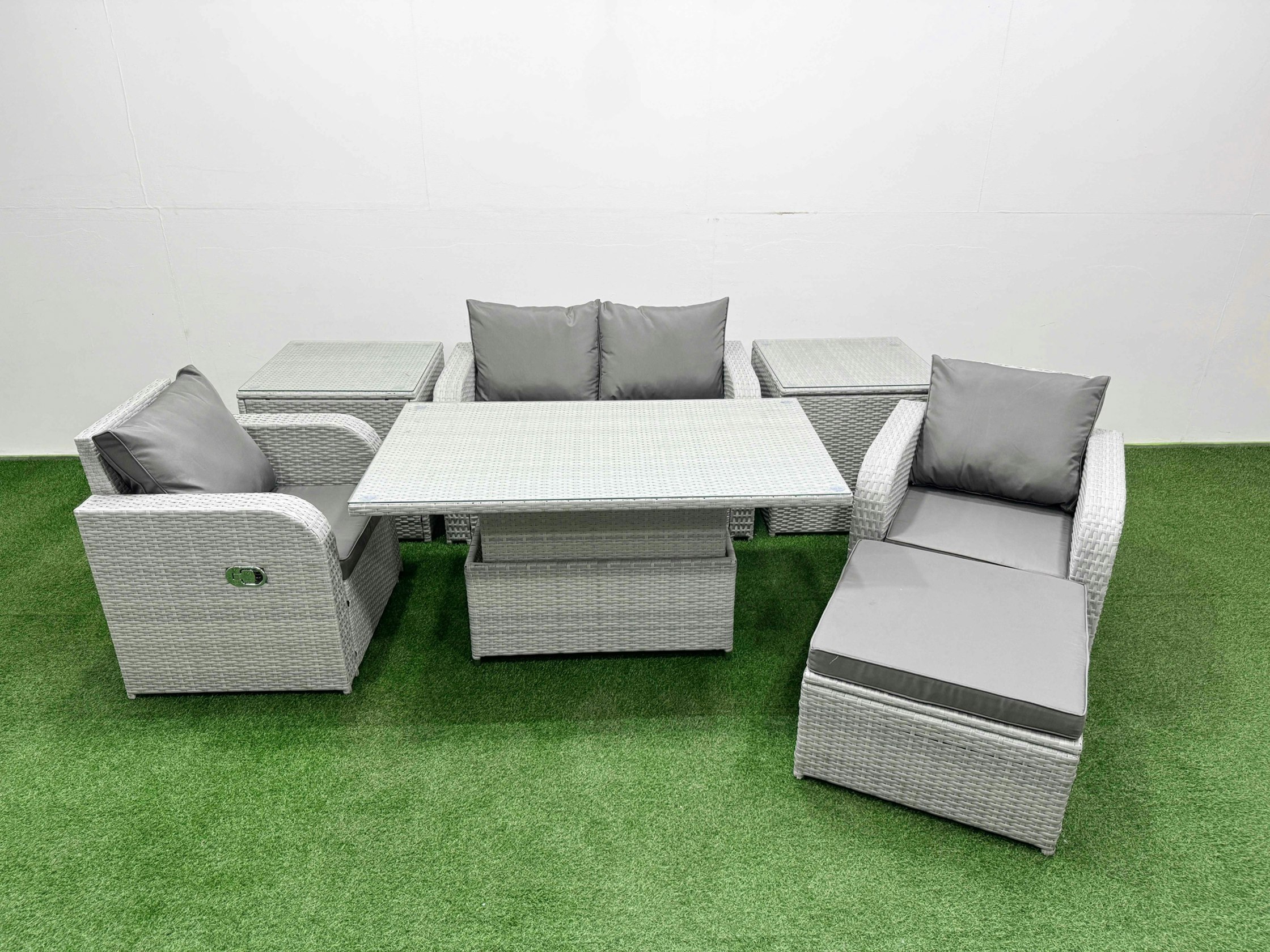 Fimous Light/Grey 5-Seater Pe Rattan Sofa Set | Reclining Chair, Adjustable Dining/Coffee Table, Footstool, 2 Side Tables