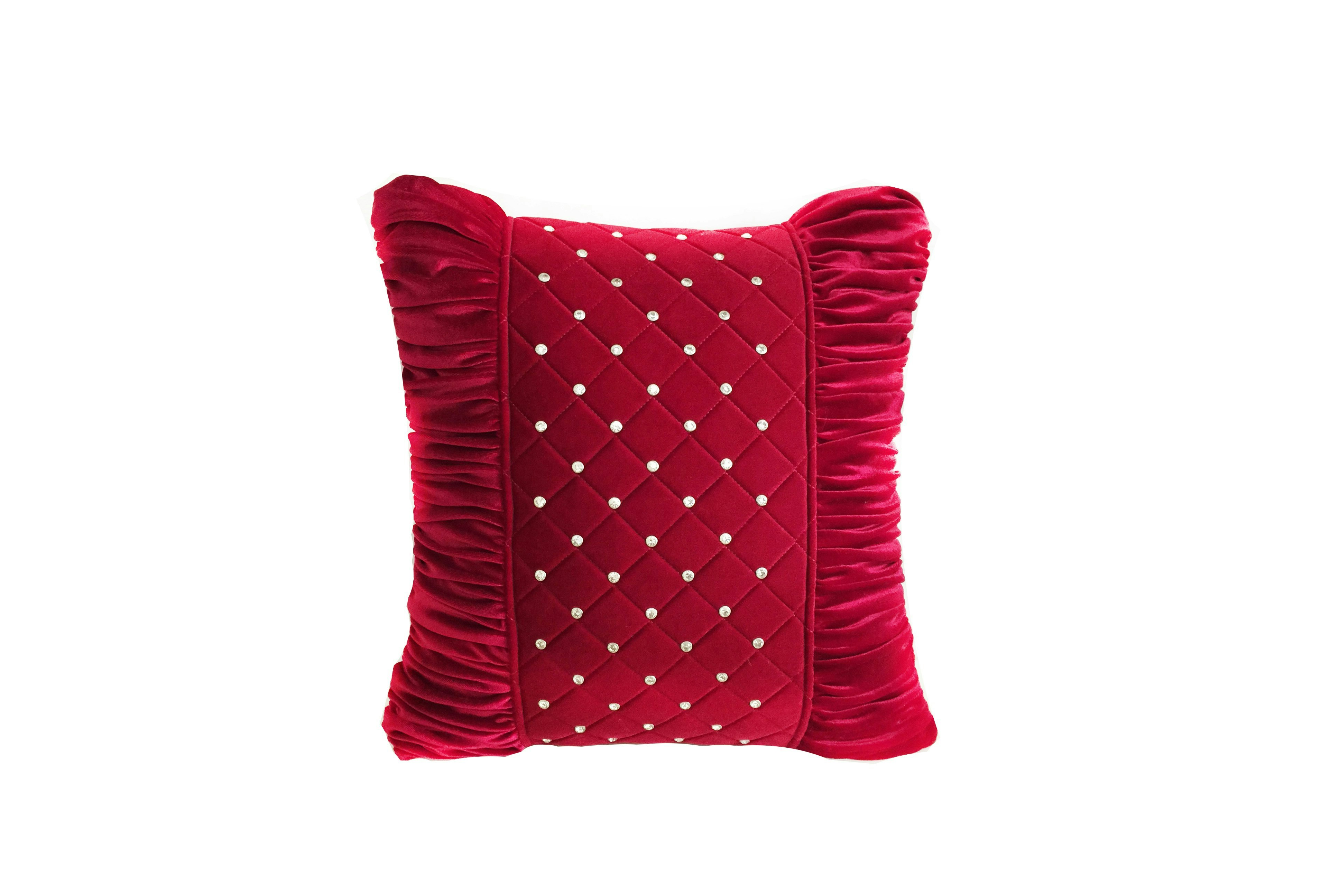 Rackhams Red/Light Stunning Velvet Pleat With Crusted Gem Detail Cushion - 43Cm X 43Cm - Studded