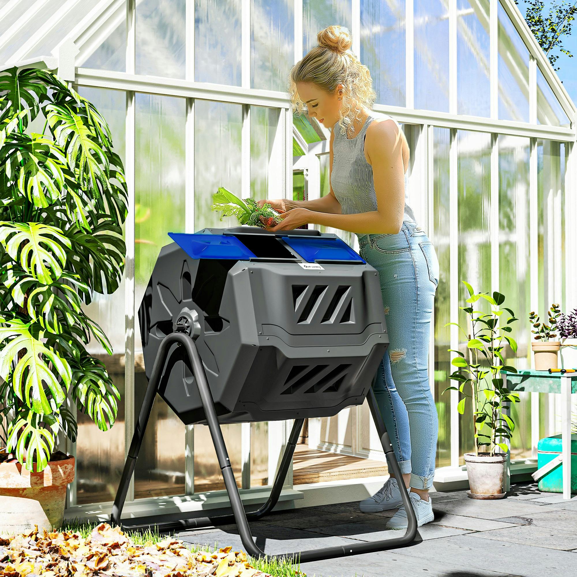 Outsunny Unisex Blue 160L) Outdoor Tumbling Compost Bin With Dual Chamber In - Image 7