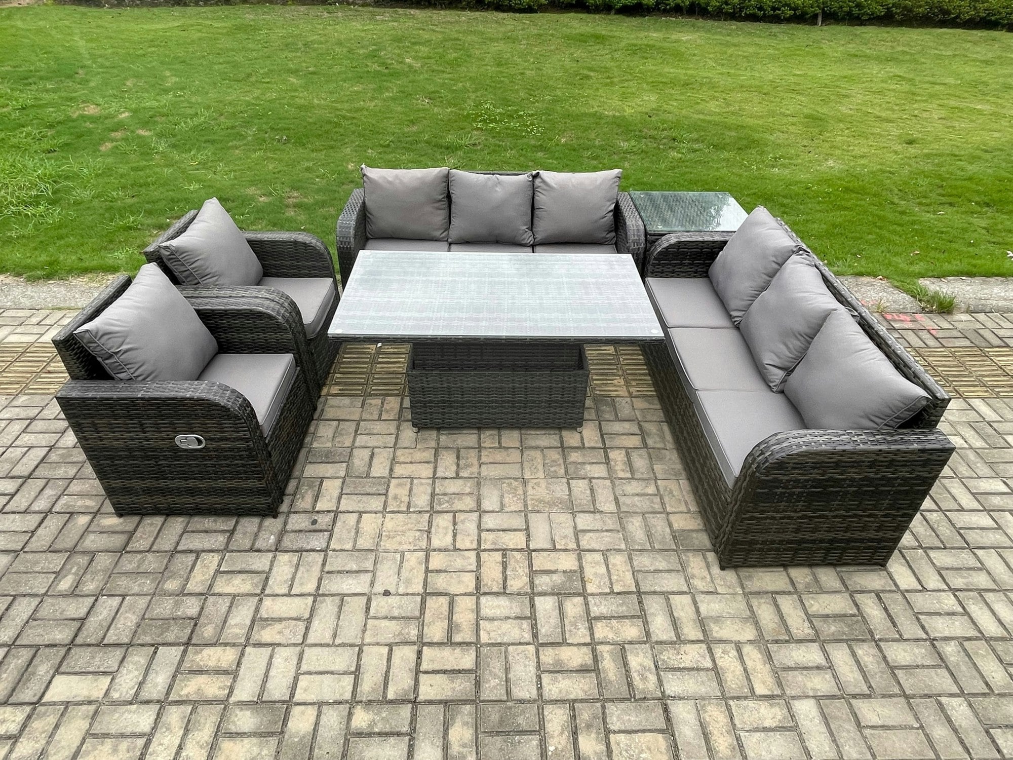 Fimous Dark/Grey Pe Rattan Outdoor Garden Furniture Sets Height Adjustable Rising Lifting Diningtable Sofa Set With Reclining Chair Side Table Mixed