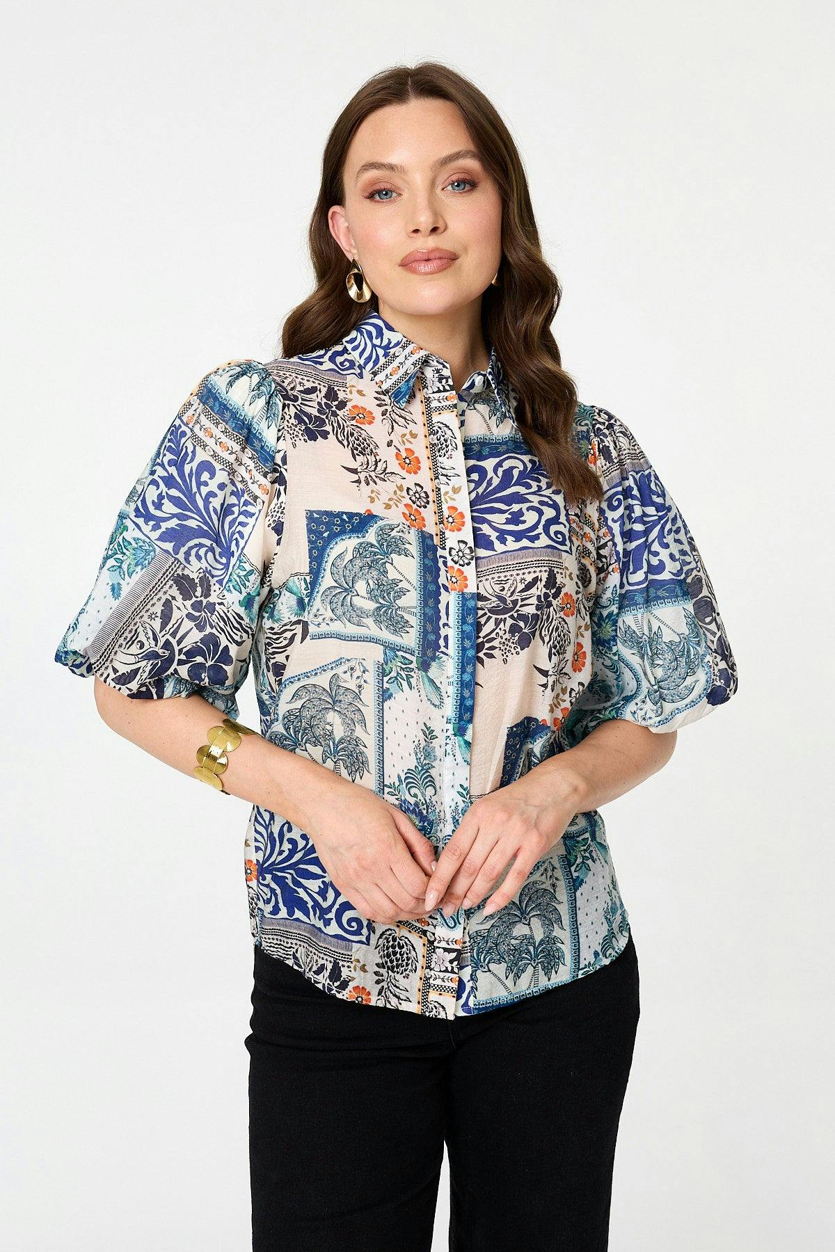 Izabel London Blue Patchwork 1/2 Puff Sleeve Boxy Shirt - 10