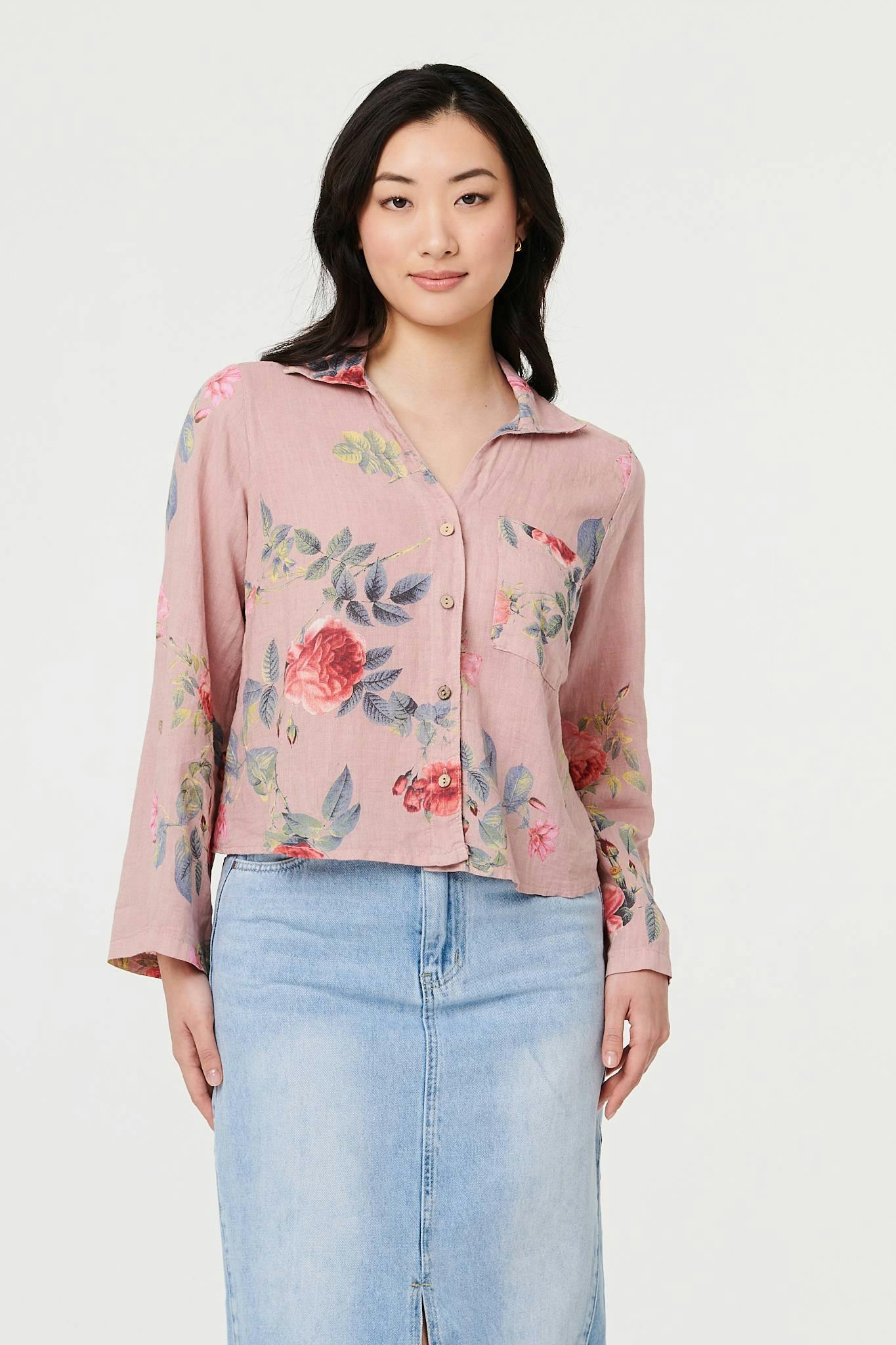 Izabel London Pink Floral 3/4 Turn-Up Sleeve Cropped Shirt - 14