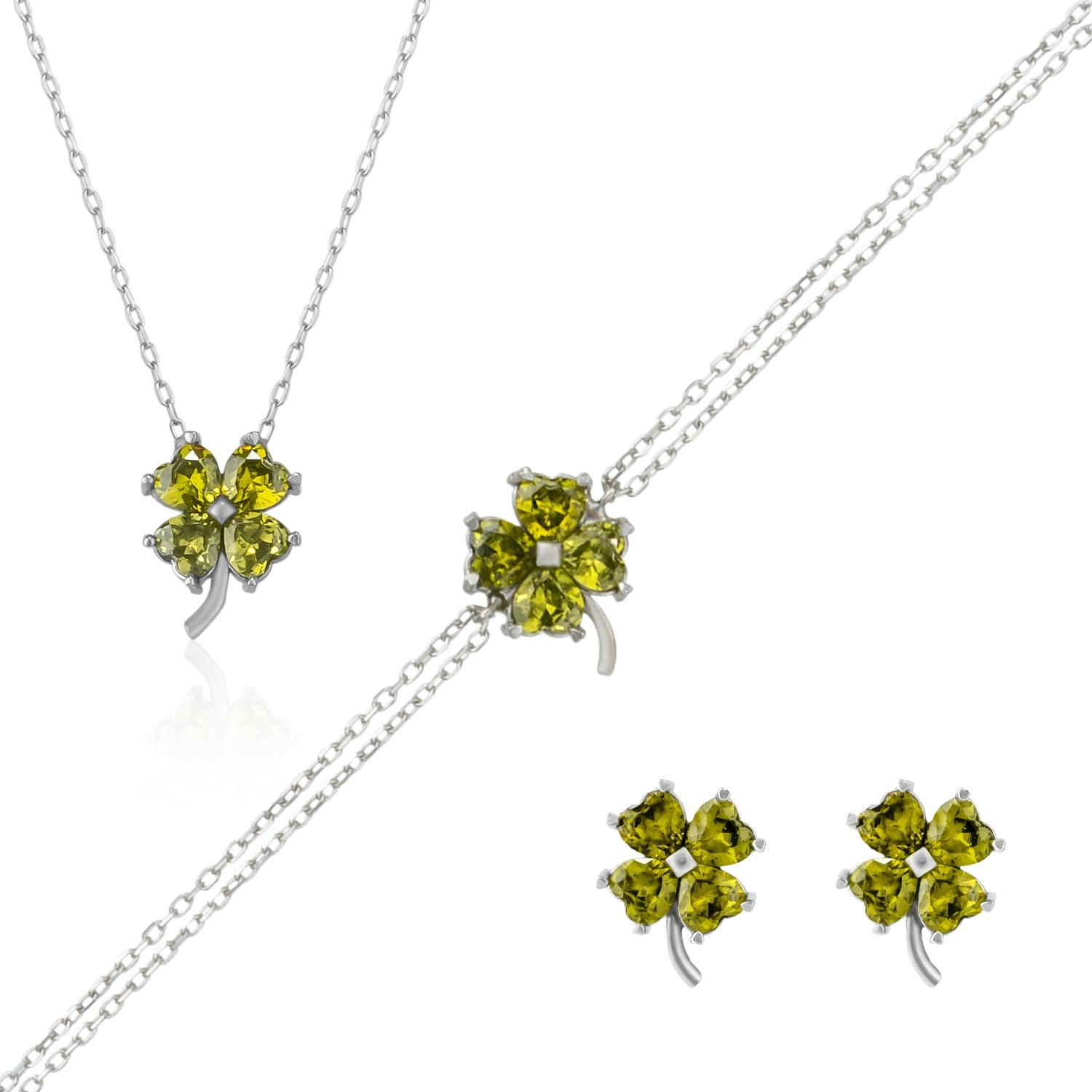 Spero London Silver/Green Four Leaf Clover Sterling Stud Earrings Bracelet And Necklace Set - Mystic