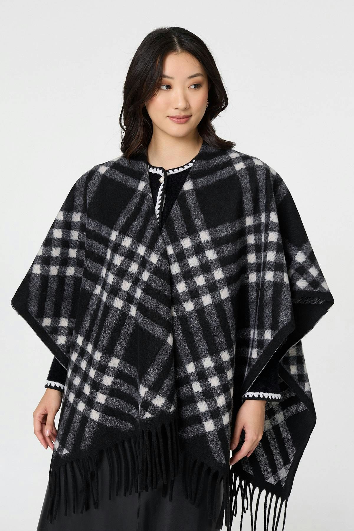 Izabel London Black Checked Fringed Oversized Poncho - One