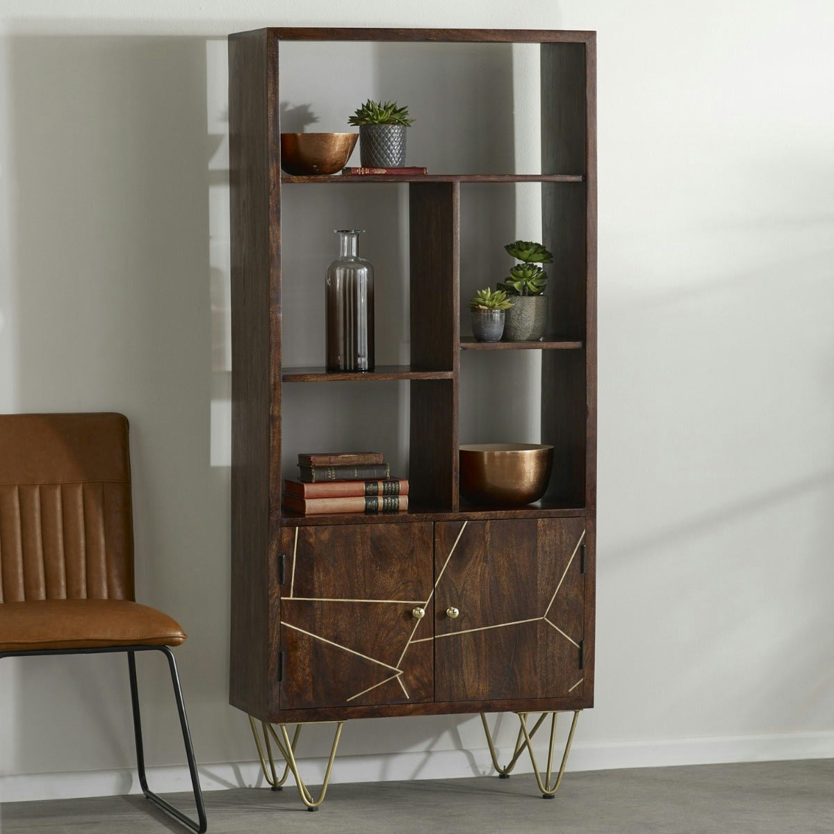 Ih Design Dark Multi Shelf Bookcase With Doors Bishop Mango - Wood - 1 - 80Cm X 35Cm X 180Cm (Lxdxh)