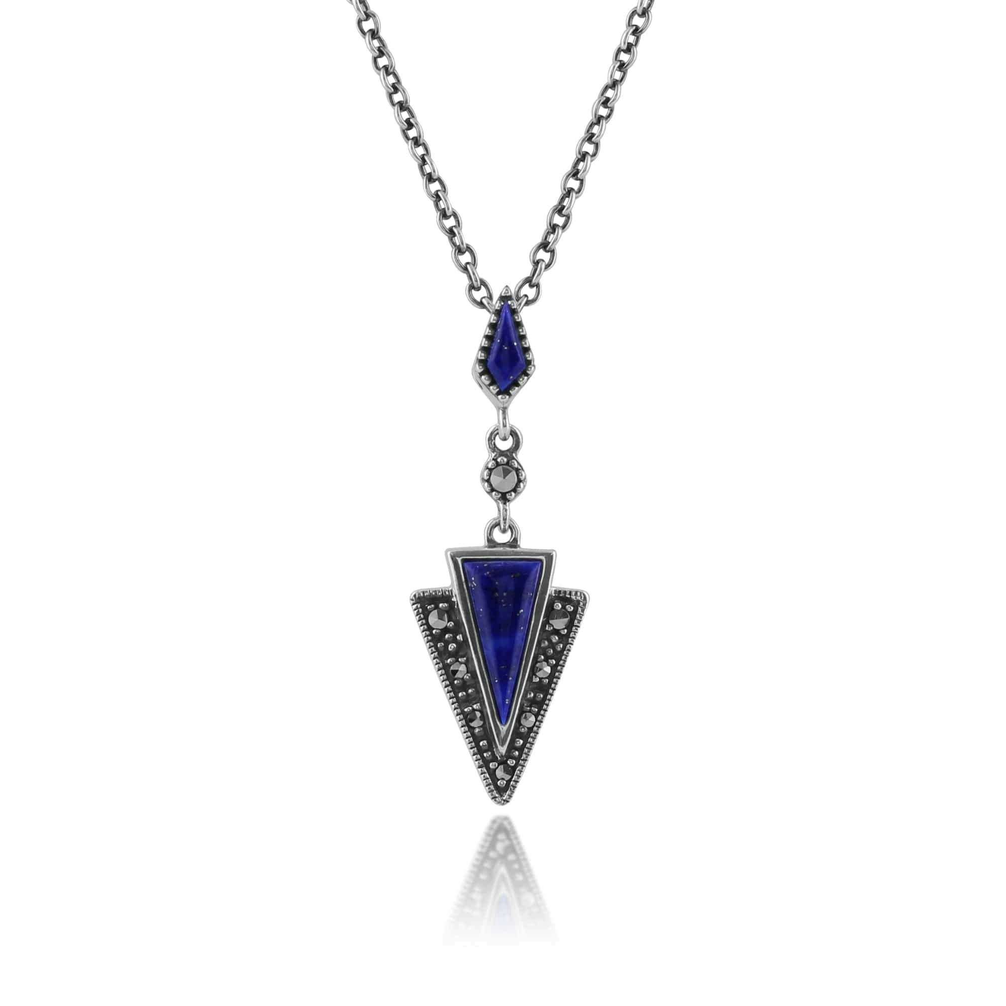 Gemondo Silver Art Deco Style Lapis Lazuli & Marcasite Pendant In 925 Sterling