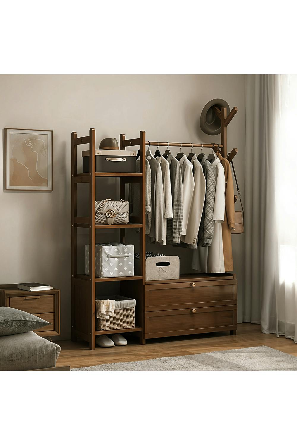 Rackhams Brown Freestanding Bamboo Clothes Rack Garment Rack With Storage Shelves Coat Hanger - L