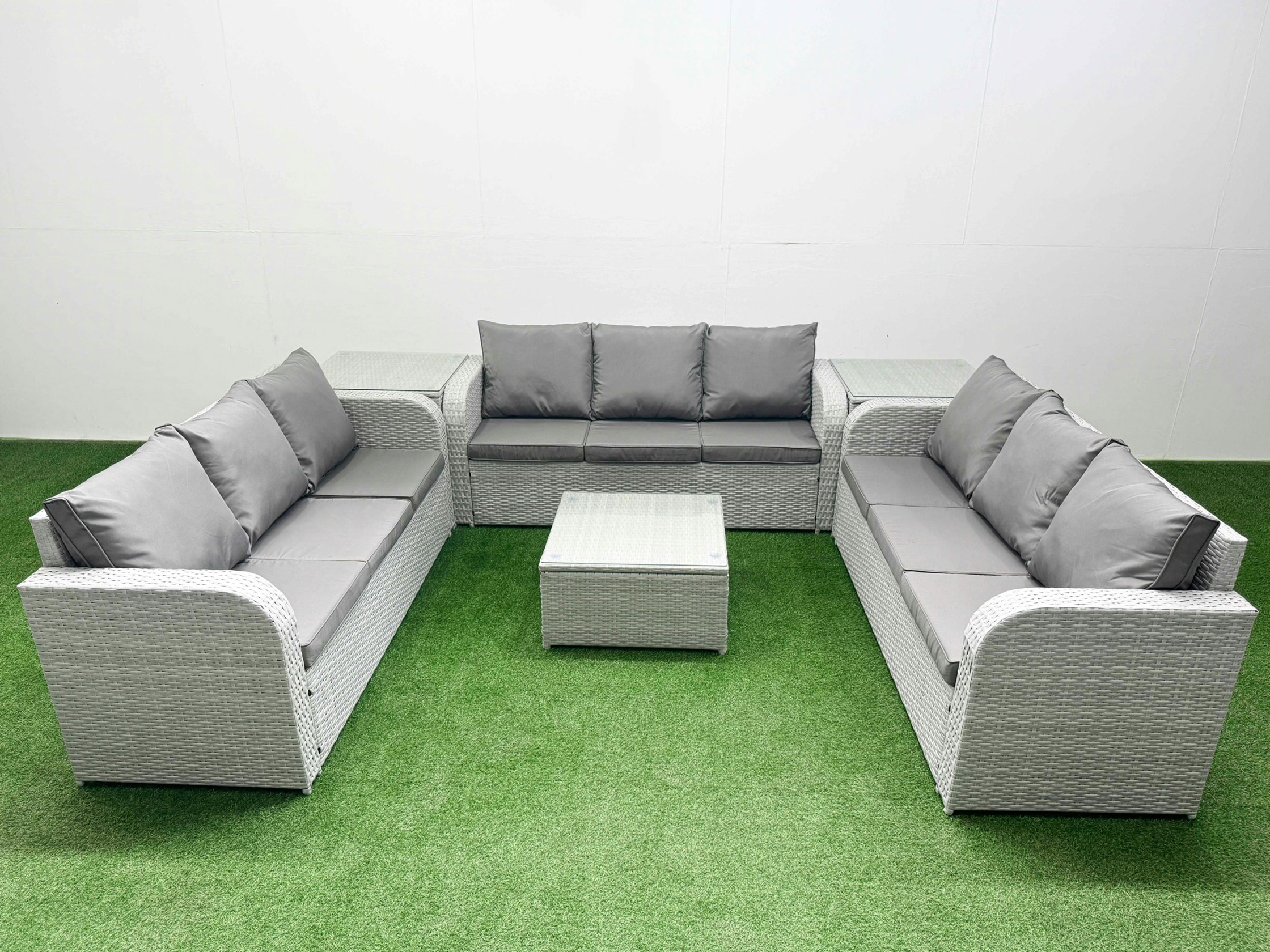 Rackhams Light/Grey Pe Rattan Lounge Sofa Set 9 Seater Outdoor Garden Furniture Set With Square Coffee Table 3 Seater Sofa 2 Side Table