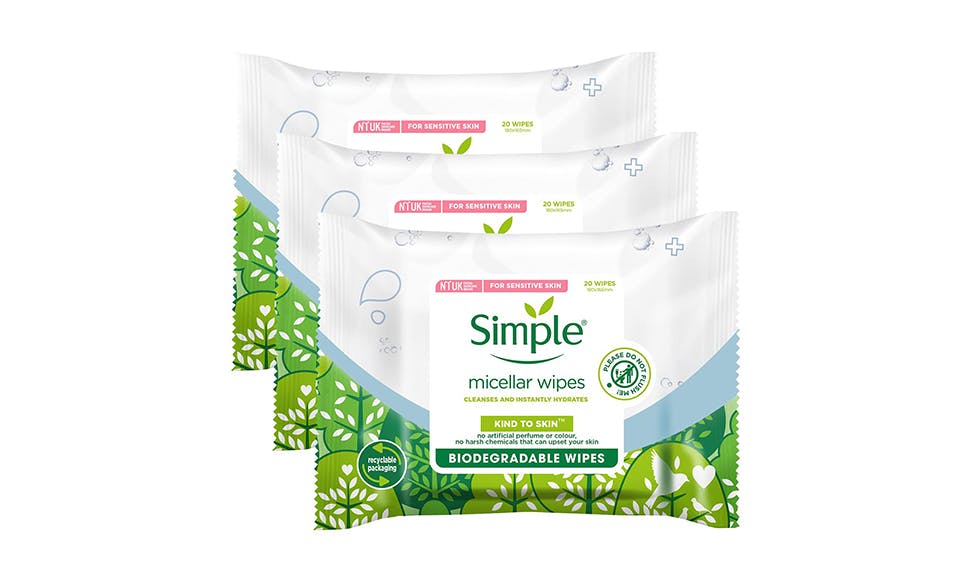 Simple Biodegradable Micellar Wipes With Glycerin & Pro-Vitamin B5, - 3 Pack