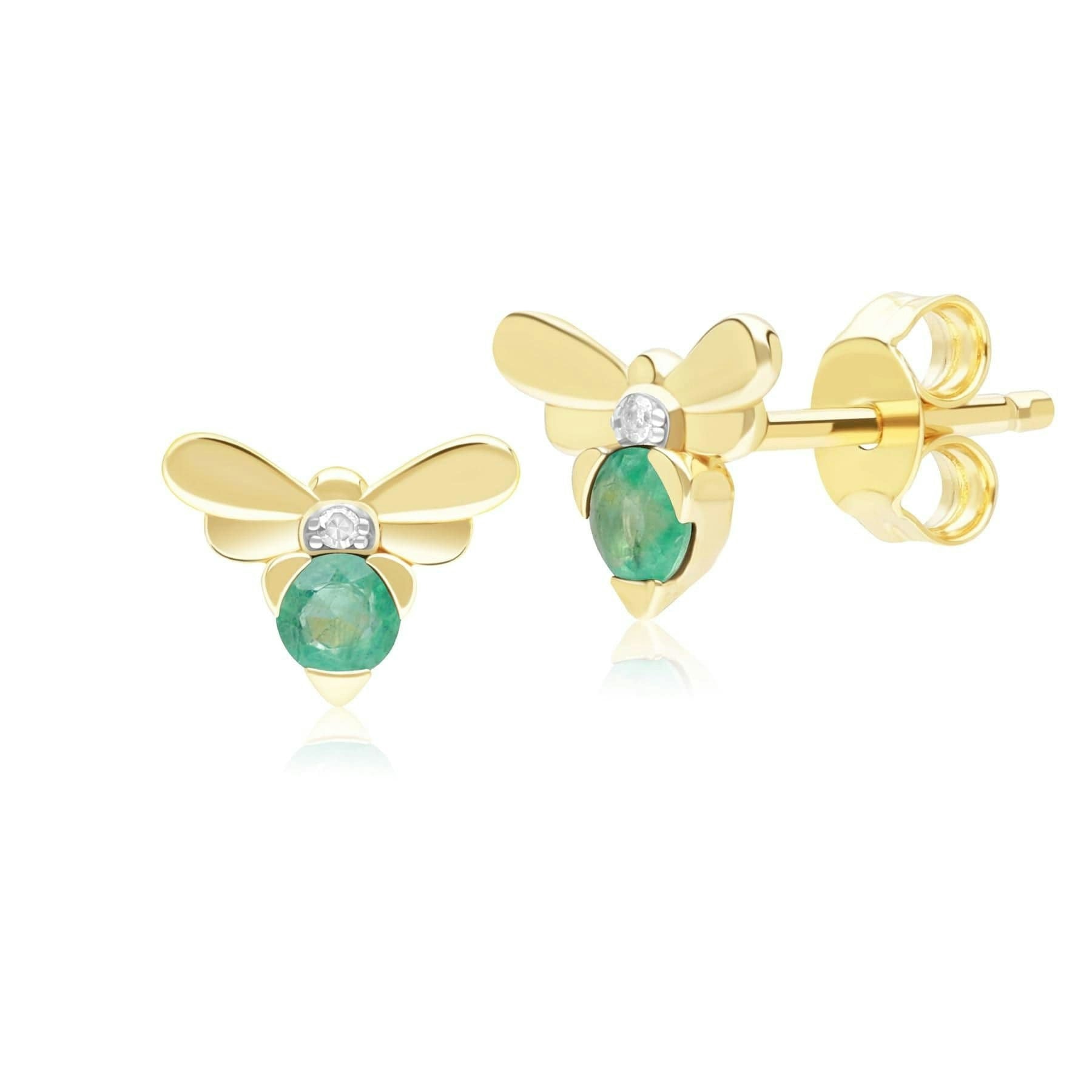Gemondo Yellow/Gold Honeycomb Inspired Emerald And Diamond Bee Stud Earrings In 9Ct