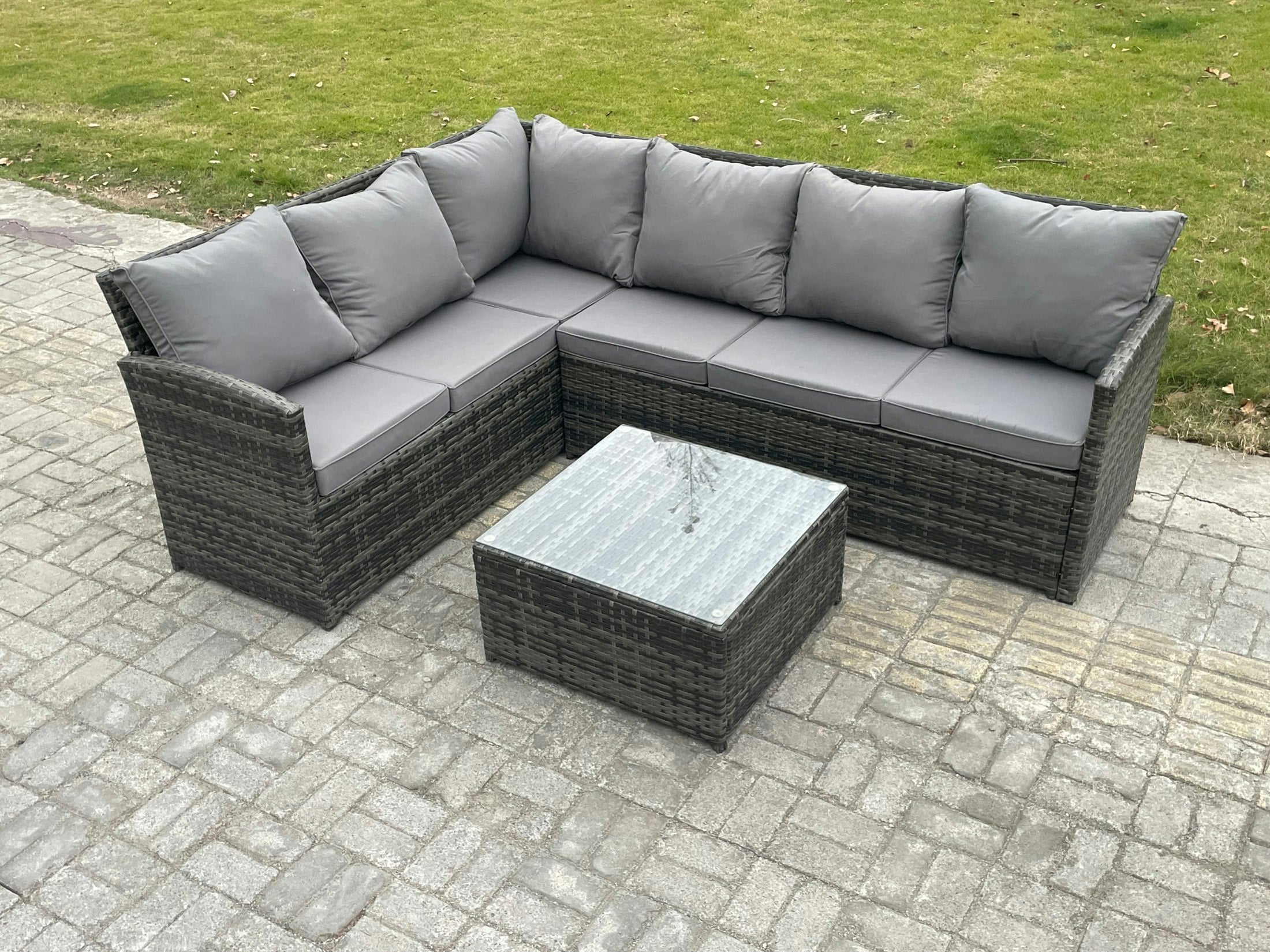 Fimous Dark/Grey 6 Seater Outdoor Garden Furniture Set Wicker Pe Rattan Corner Sofa Set With Square Coffee Table Mixed