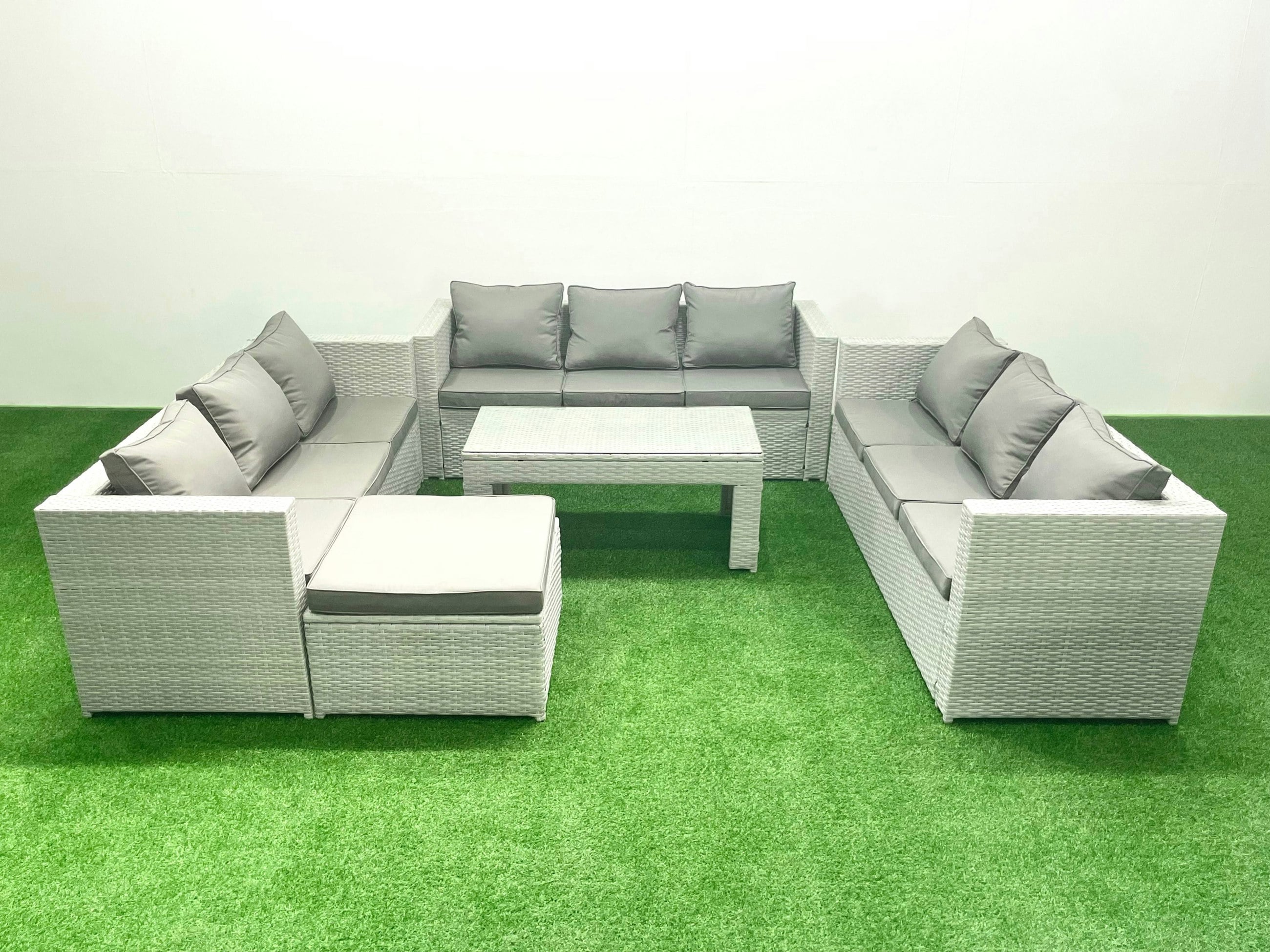 Fimous Light/Grey Rattan Garden Outdoor Furniture Set 10 Seater Garden Sofa Oblong Coffee Table Set With Big Footstool Mixed