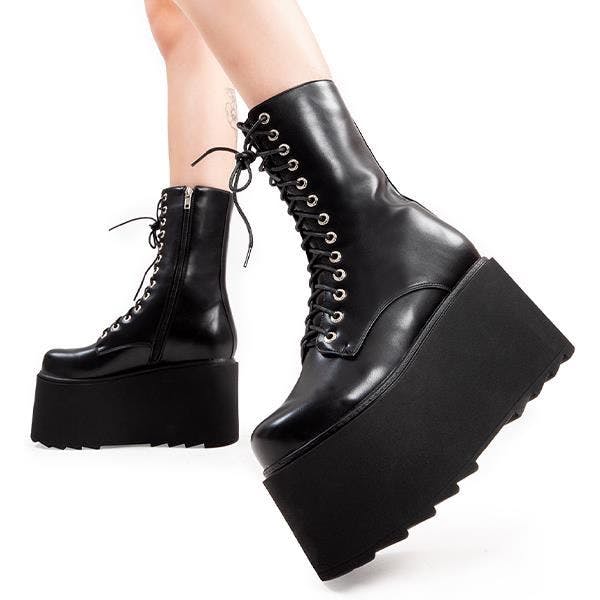 Lamoda Women's Black Steady Pu Chunky Platform Ankle Boots Stylish Streetwear Trend - Uk8