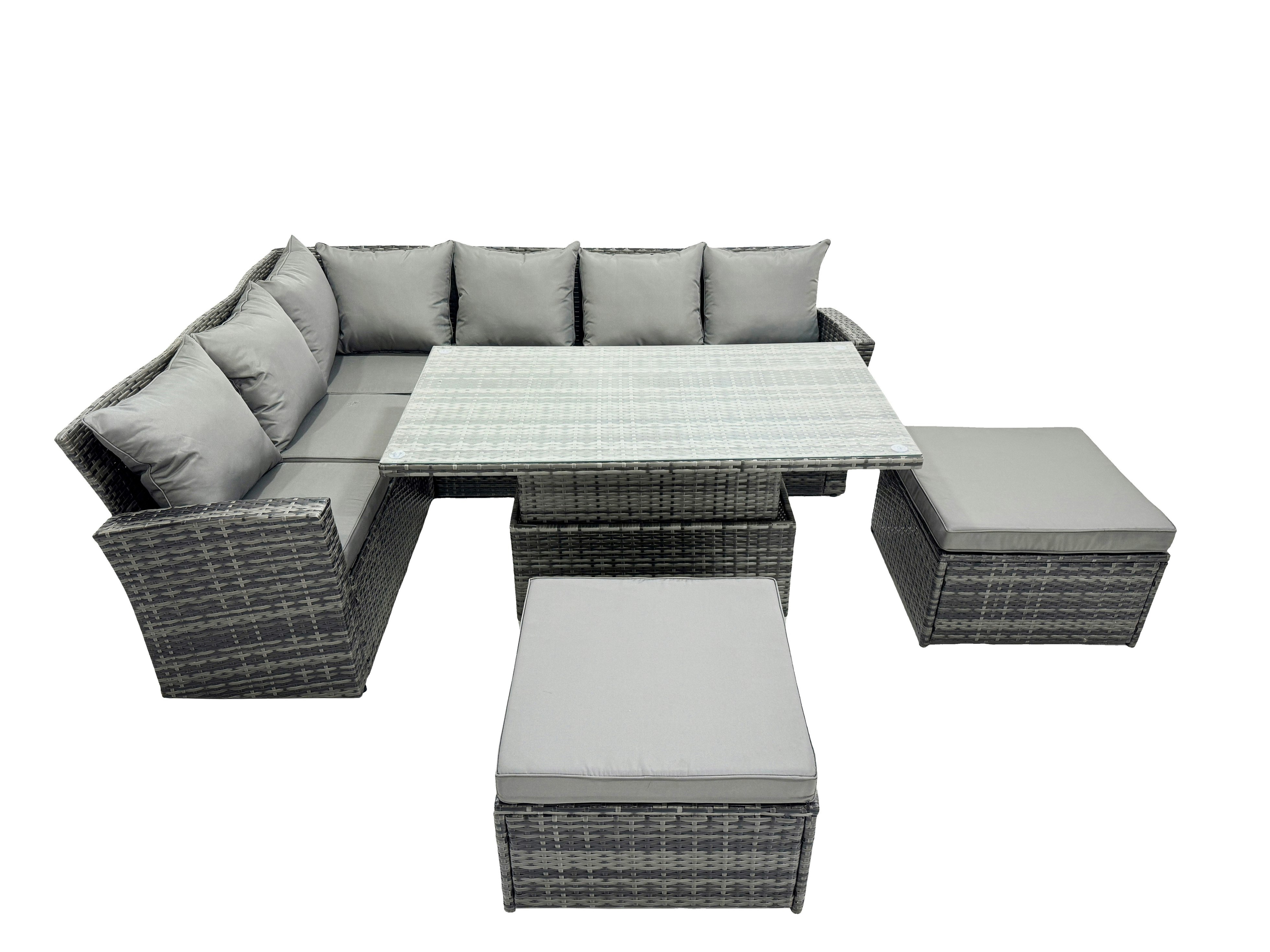 Fimous Dark/Grey Poly Rattan Outdoor Patio Height Adjustable Rising Lifting Table Corner Sofa Set With 2 Big Stool For Garden Backyard Mixed