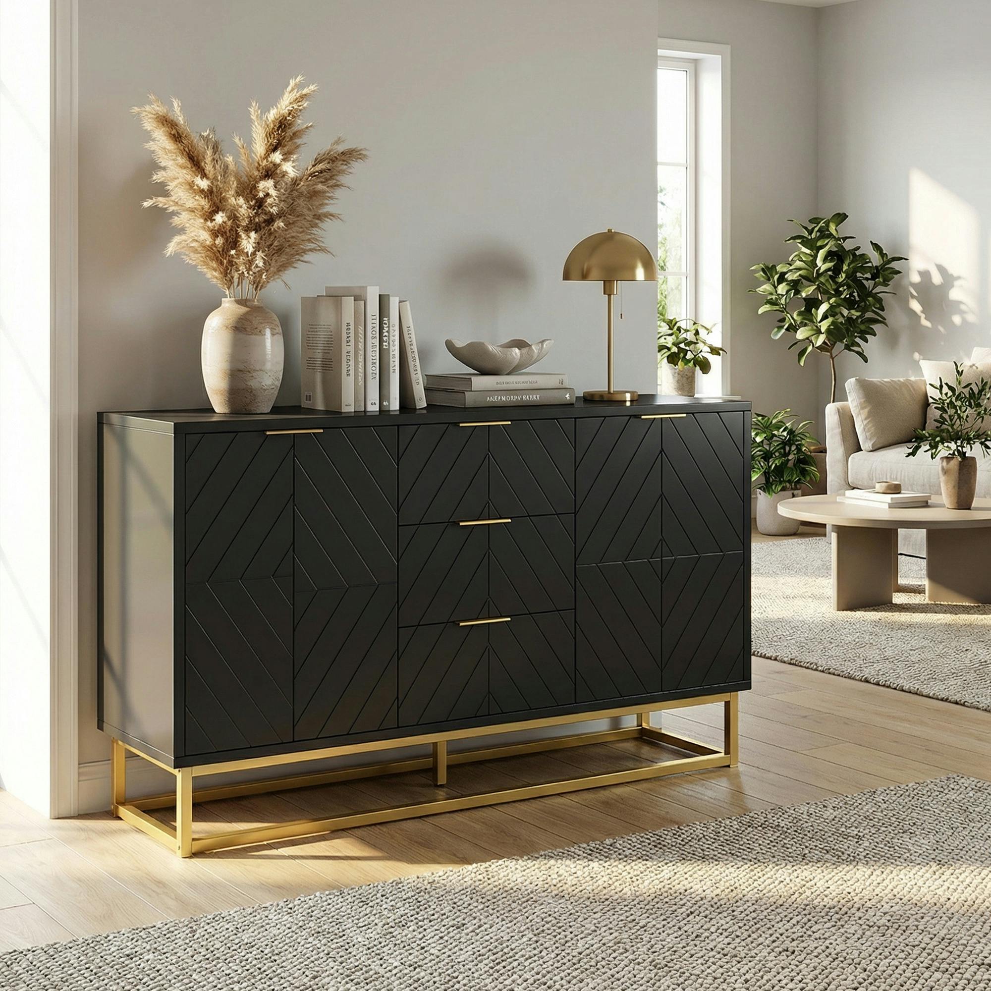 Rackhams Black/Gold Sideboard Storage Cabinet With Adjustable Shelves, - Matte With Accents - Sideboard